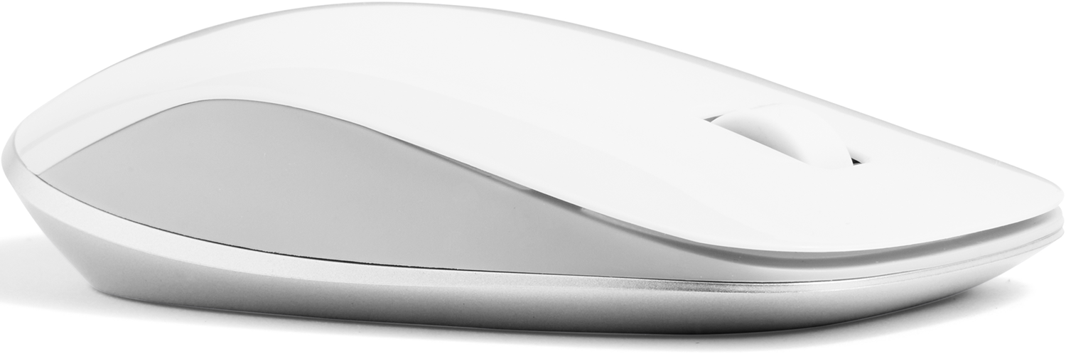 Witte computermuis met zilveren rand. Eenvoudig ontwerp, zijaanzicht.