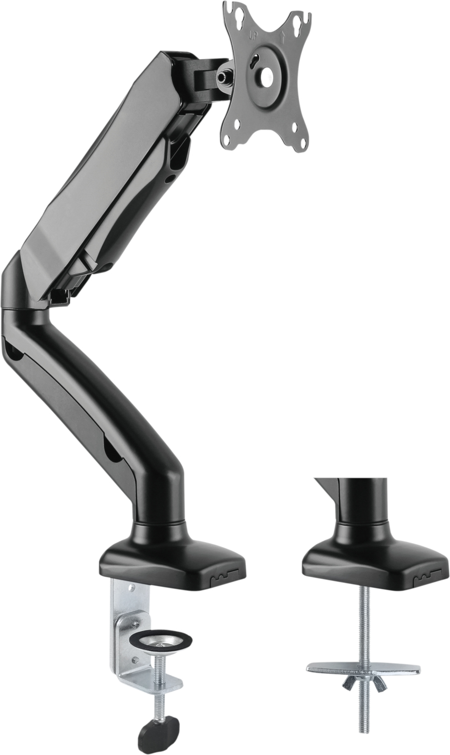 Zwarte monitorarm met klemvoet en beugel voor de monitor.