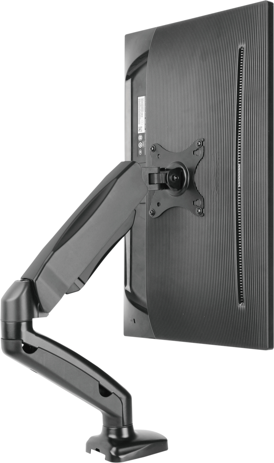 Achterkant van een zwarte computermonitor met een zwarte, beweegbare arm. De monitor is opzij gekanteld.