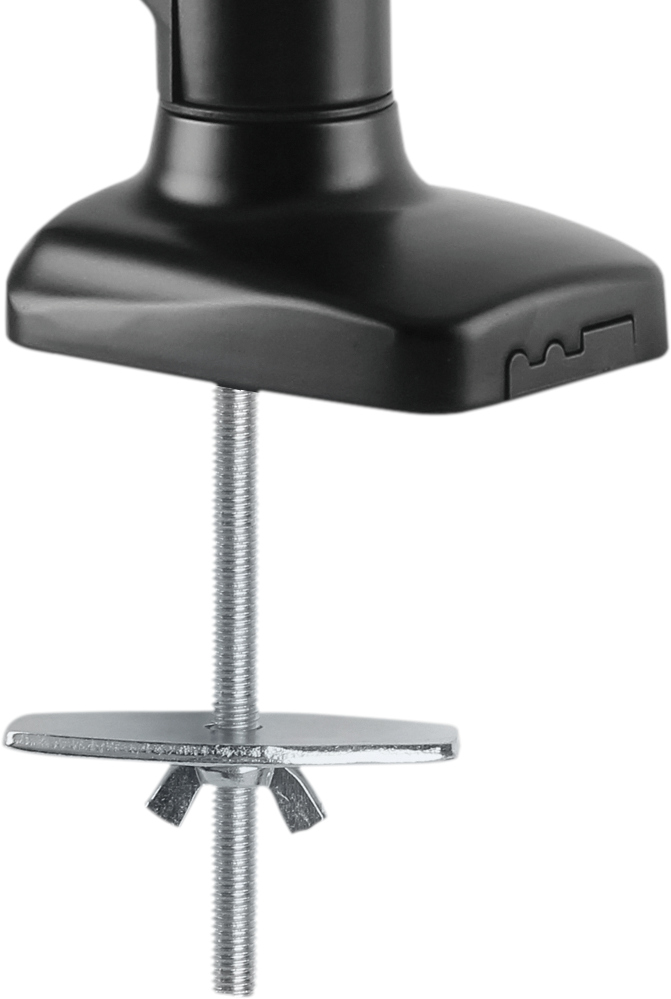 Zwarte voet van een monitorarm met een schroef en een vleugelmoer voor montage op een bureau.