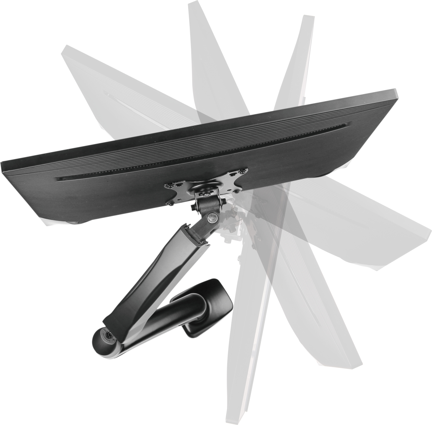 Monitor op een zwarte arm, meerdere hoeken. Achtergrond is wit. De monitor is zwart.