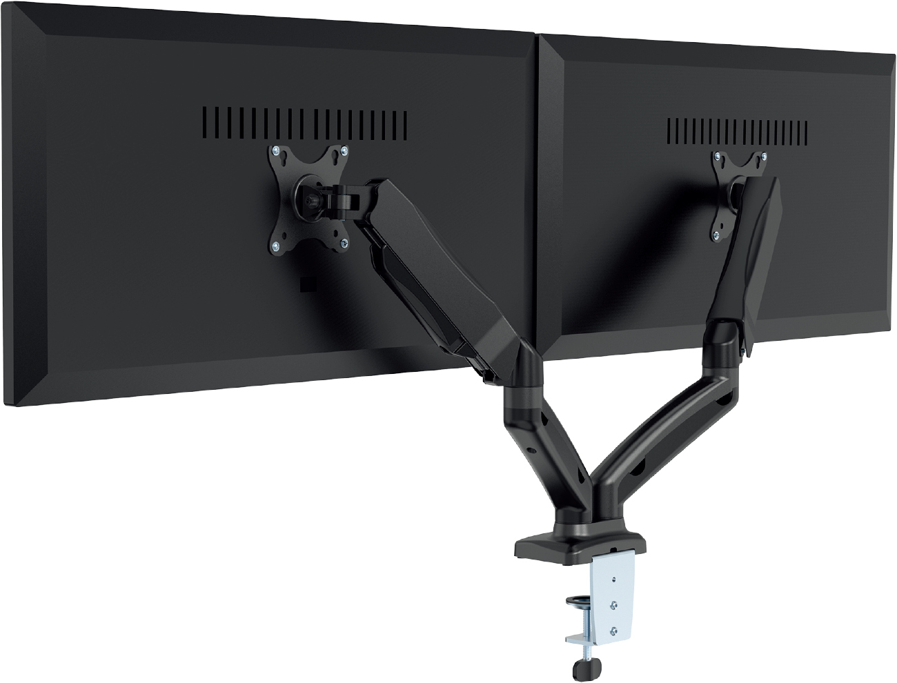 Twee zwarte computermonitoren op een dubbele monitorarm tegen een witte achtergrond.