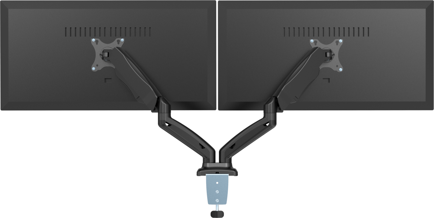 Twee computermonitoren gemonteerd op een verstelbare arm. Ze kijken weg van de kijker.