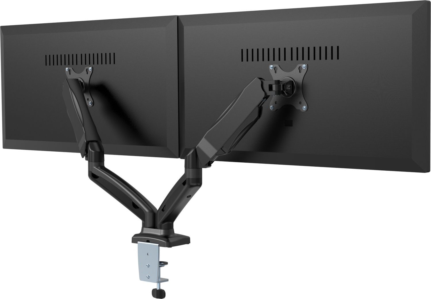 Twee zwarte computermonitoren op een standaard. Achteraanzicht, met kabelarmen en klem.