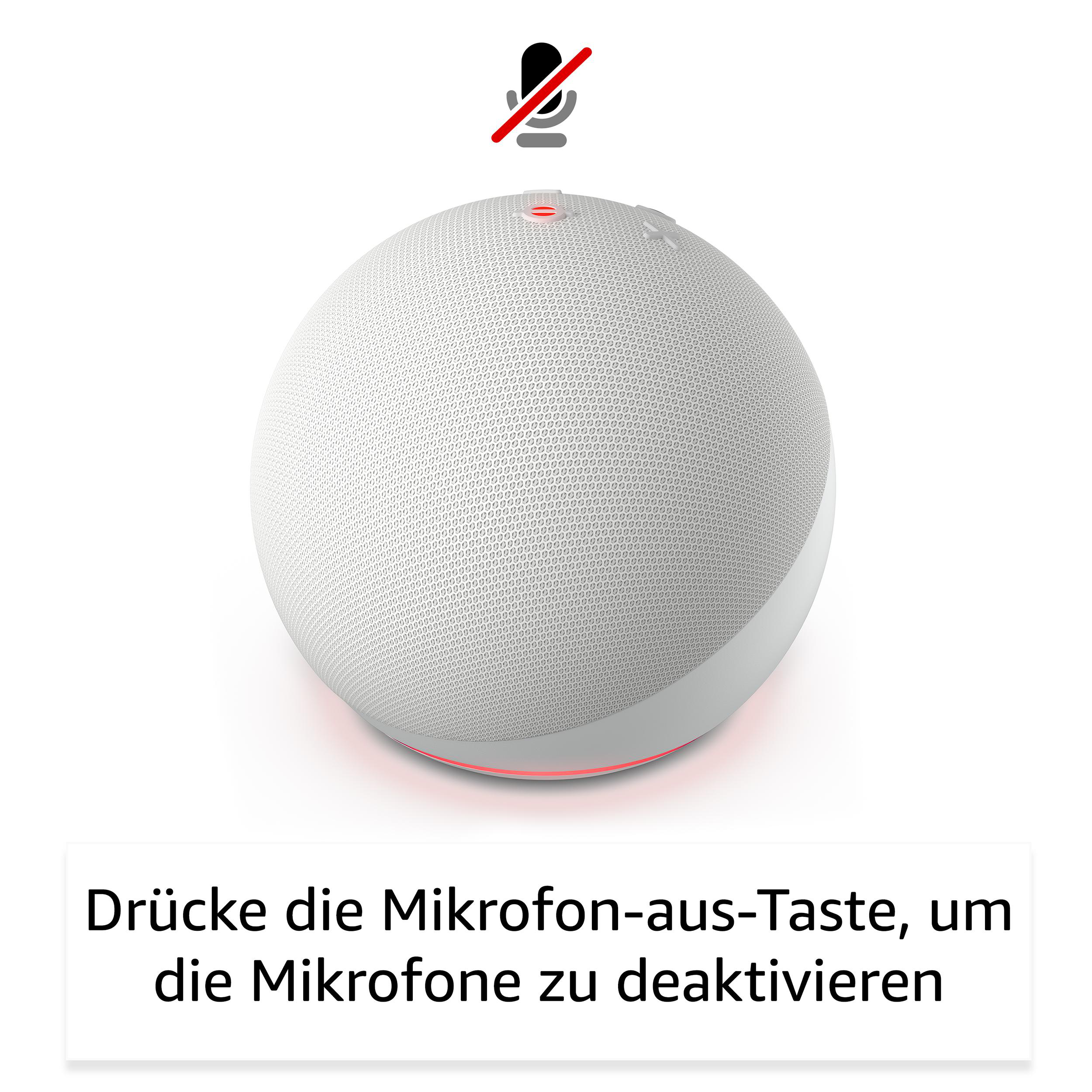 Weißer Smart Speaker mit Stummschalt-Symbol. Rotes Licht zeigt Stummschaltung an.