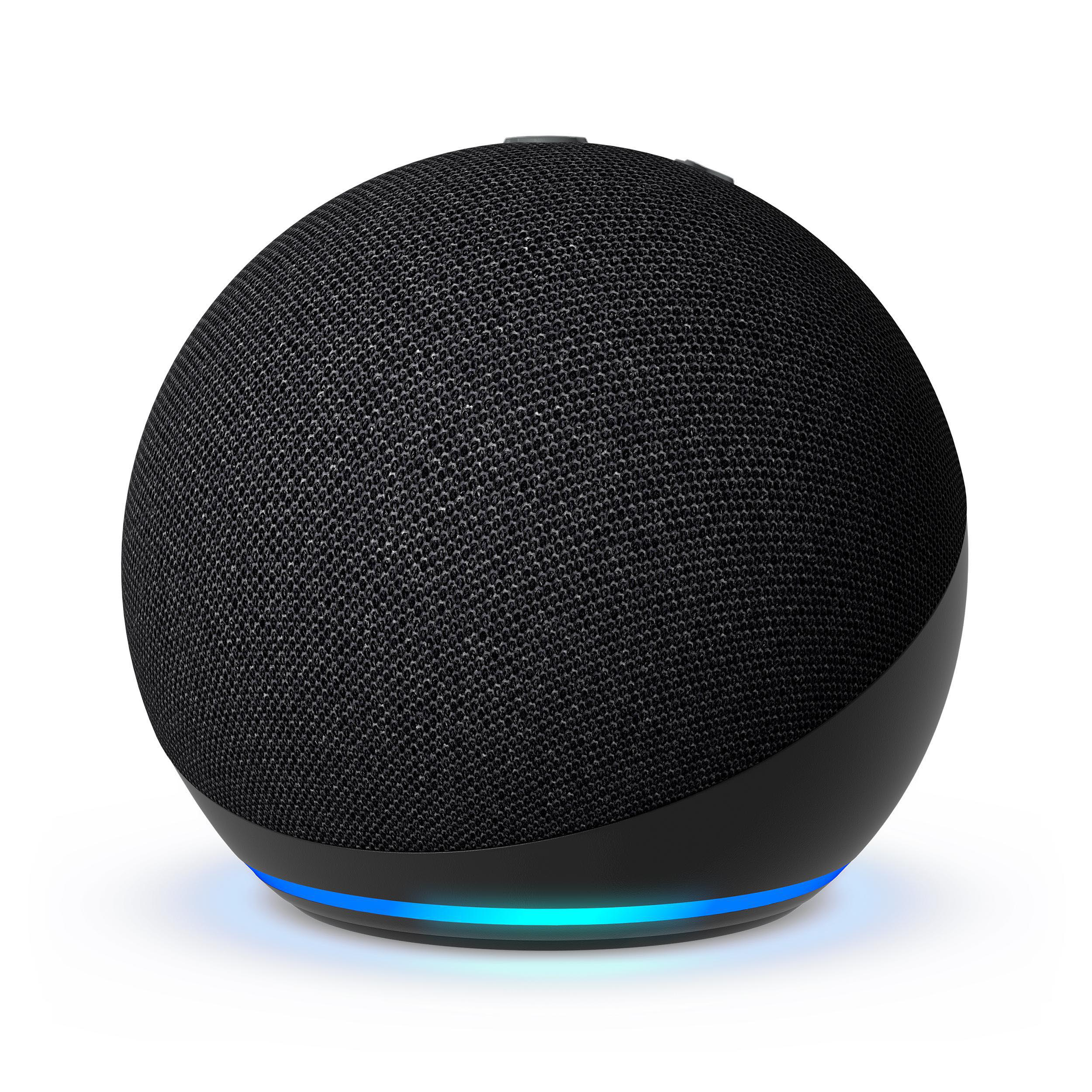 Schwarzer Echo Dot Lautsprecher. Schwarze, stoffbezogene Kugel mit blauem Lichtring unten.