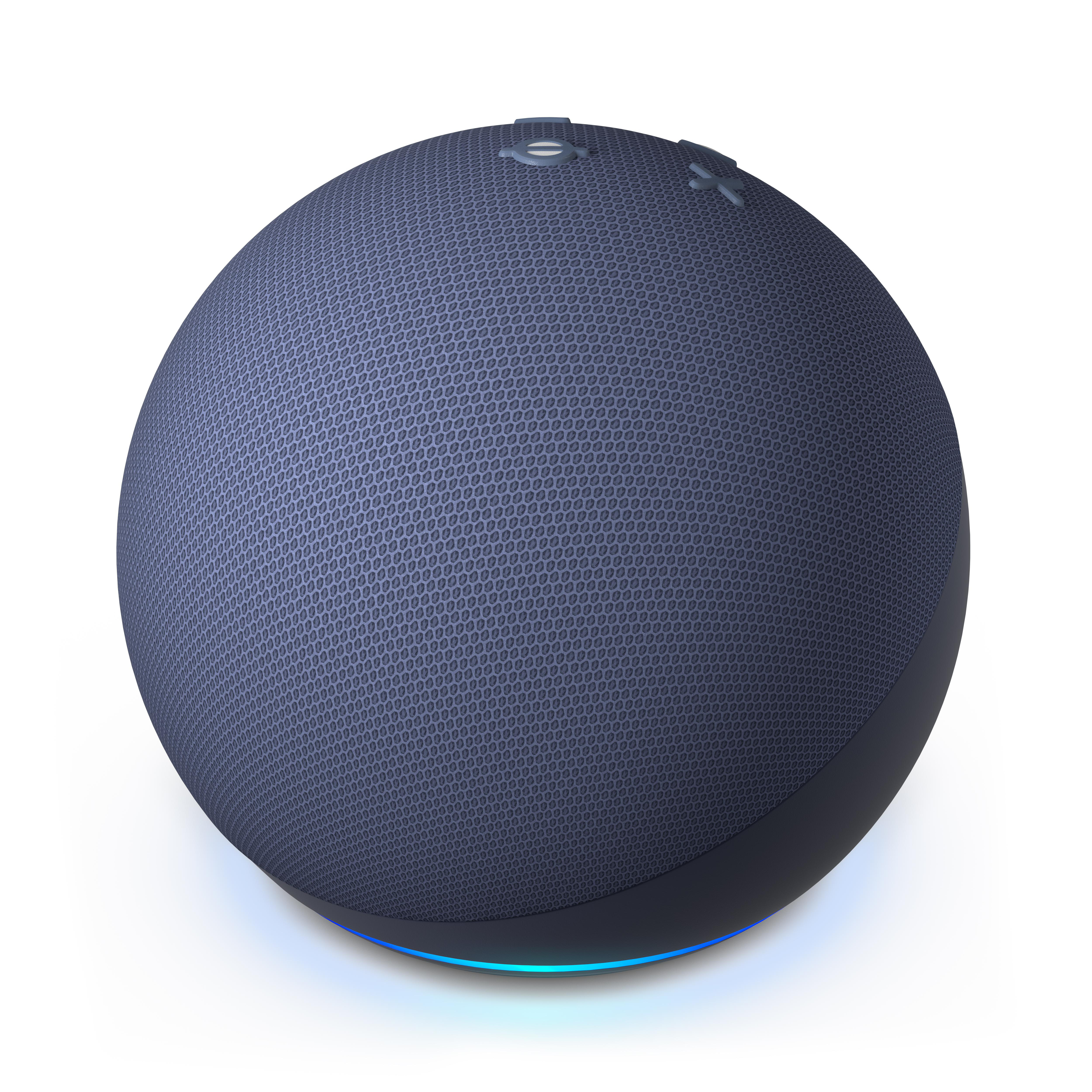 Ein dunkelblauer, kugelförmiger Smart Speaker mit blauem Lichtring an der Basis.