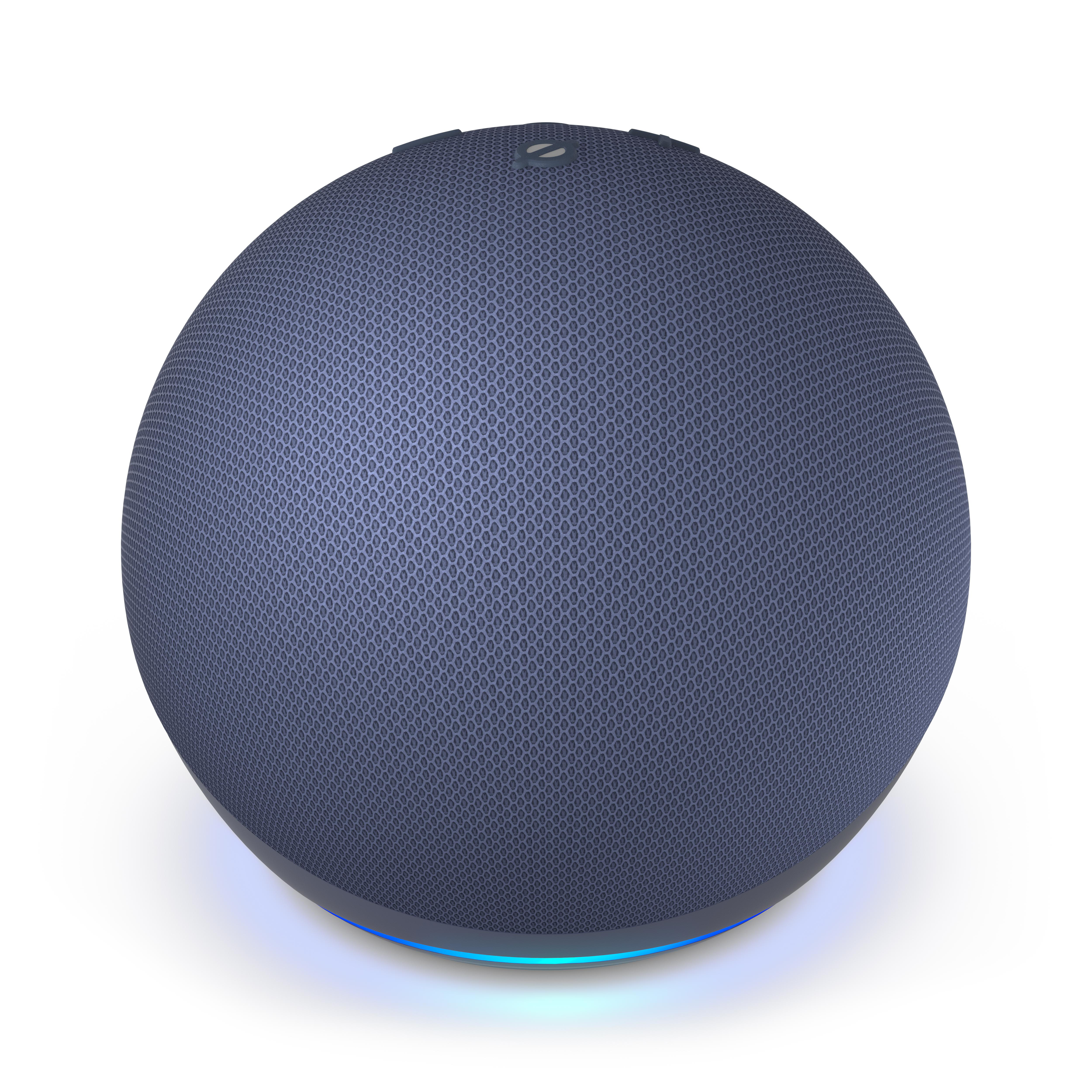 Blauer kugelförmiger Smart Speaker mit leuchtender Basis.