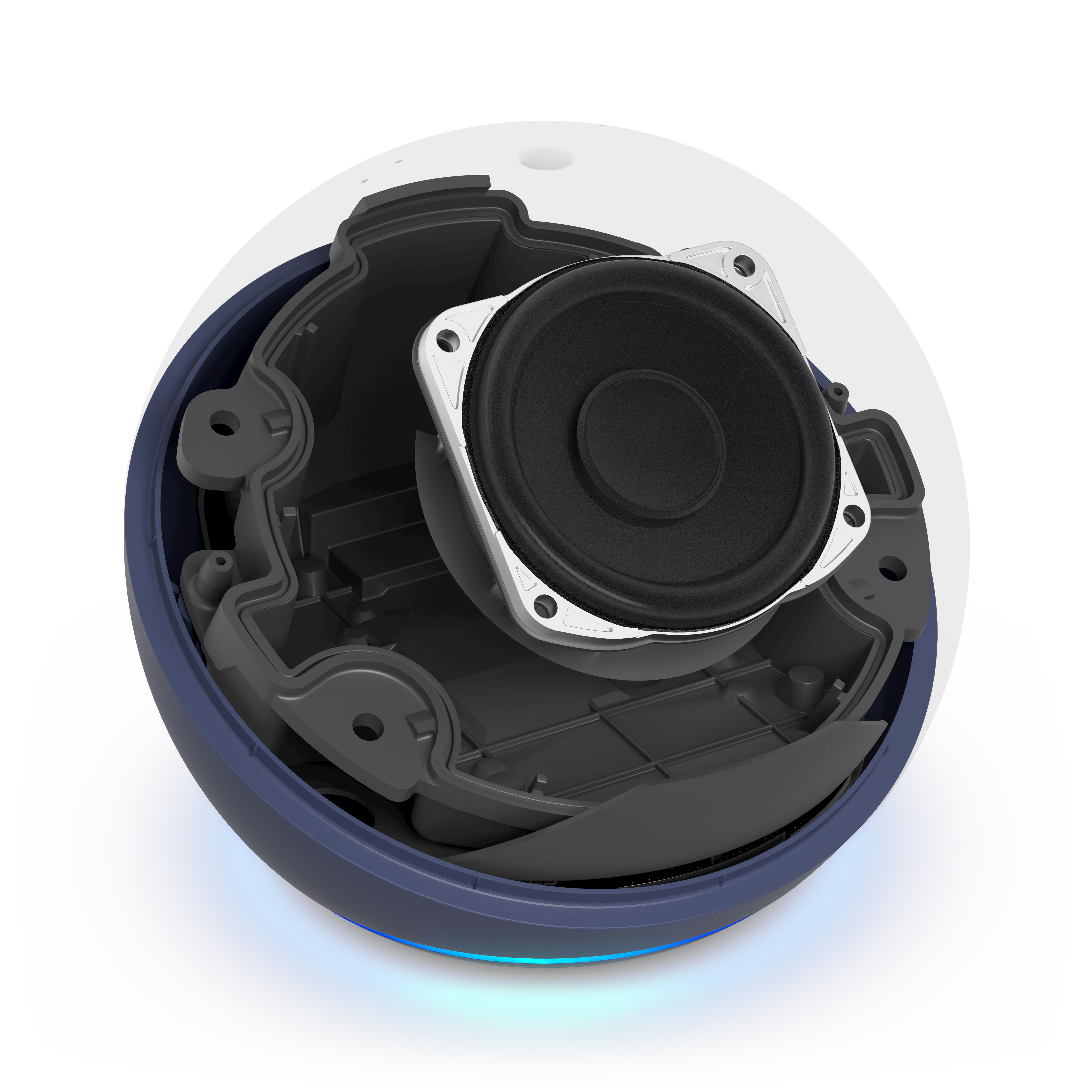 Ein weißer Smart Speaker mit digitaler Uhranzeige und rotem Licht an der Basis.