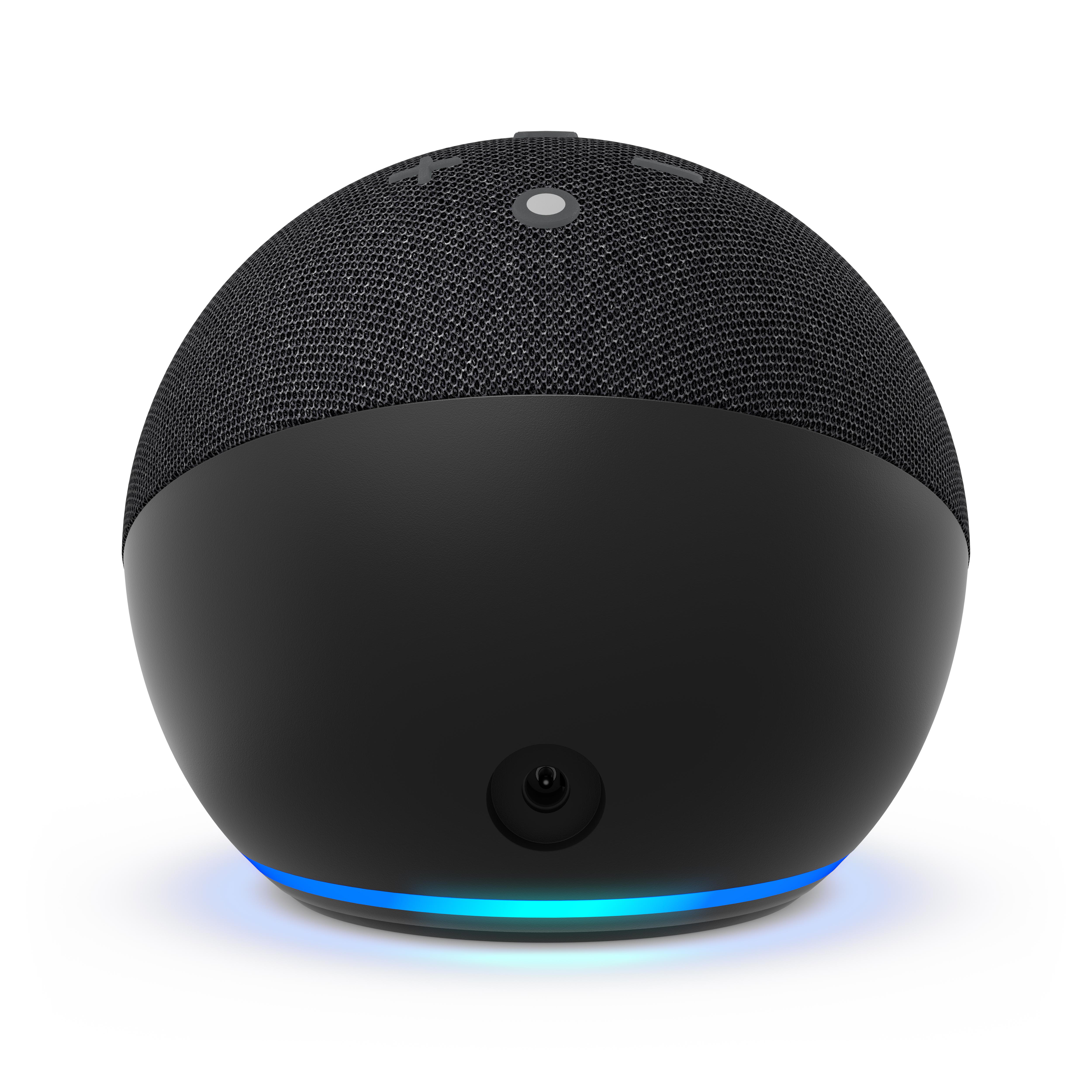 Schwarzer, kugelförmiger Smart Speaker mit blauem Lichtsockel und schwarzem Mesh-Top.