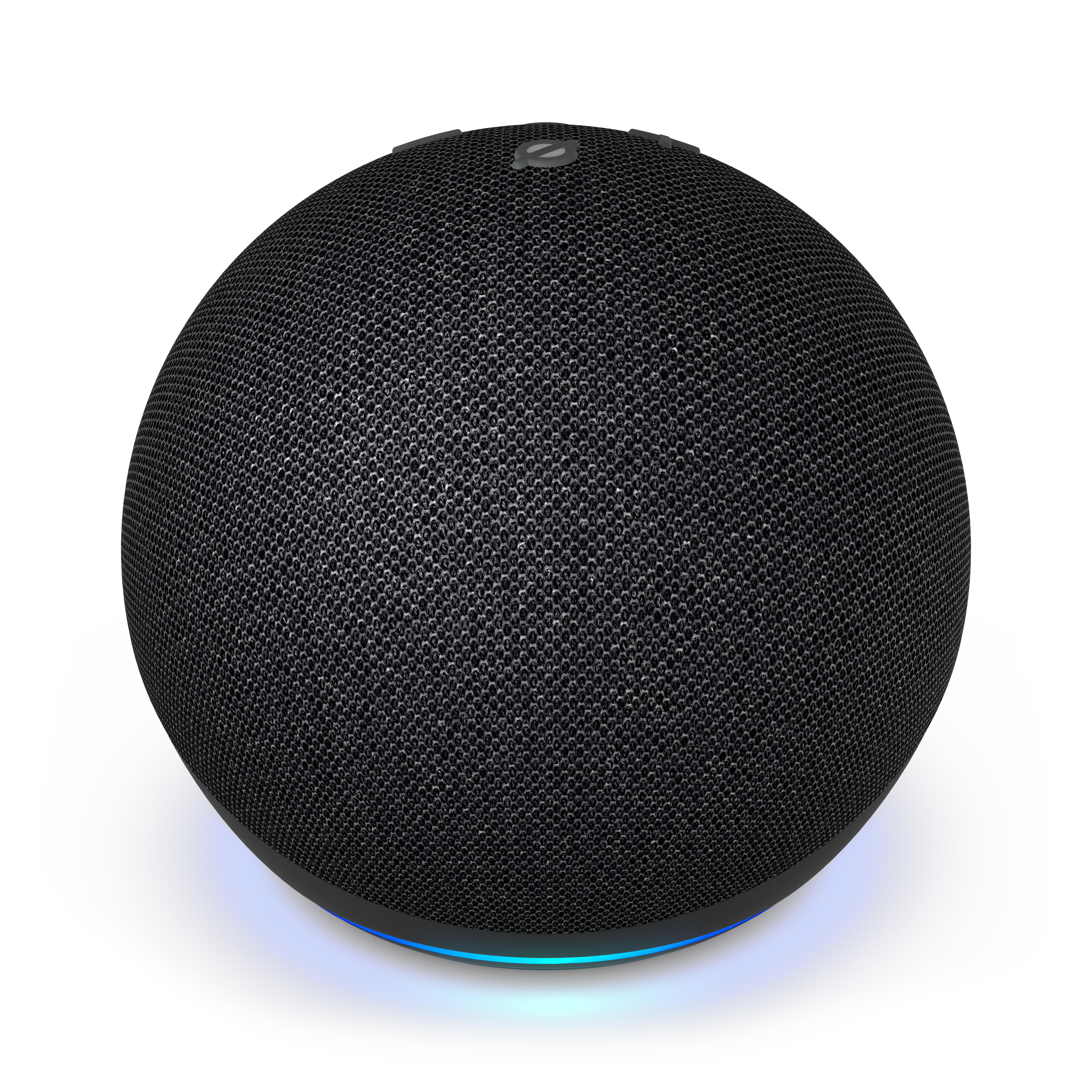 Schwarzer kugelförmiger Amazon Echo Dot mit blauem Lichtring.