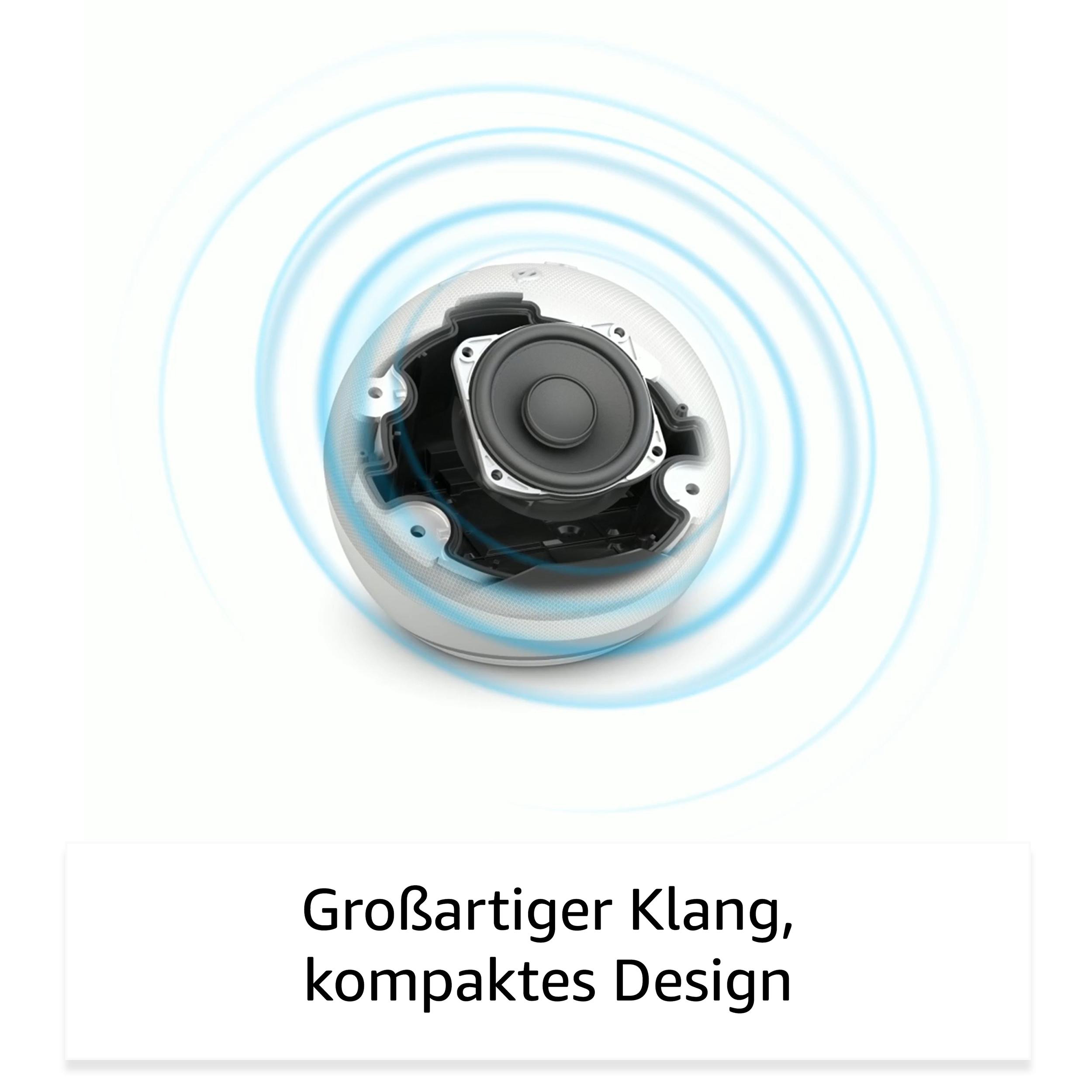 Ein weißer Lautsprecher mit einem Ausschnitt, der die inneren Komponenten zeigt. Blaue Schallwellen.