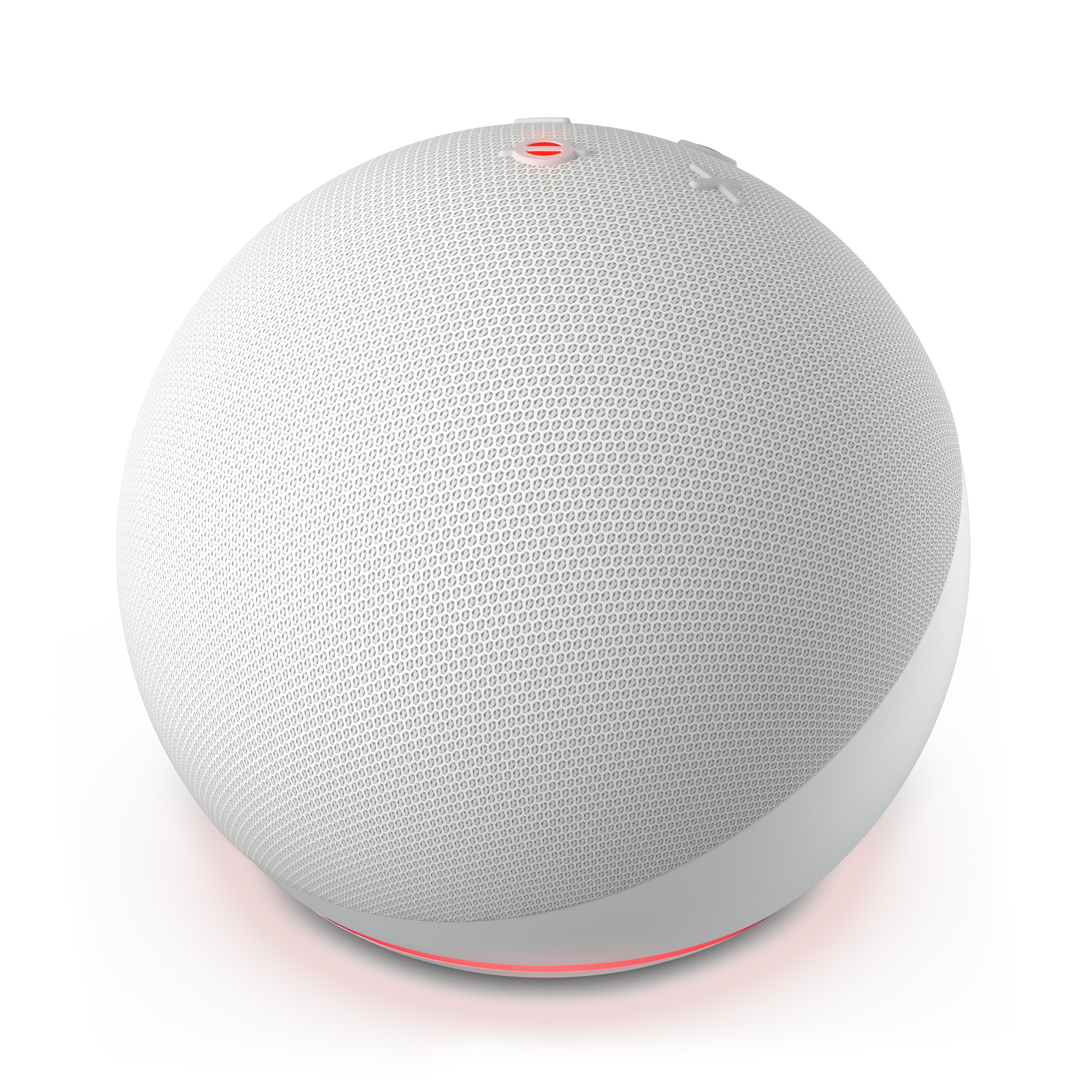 Ein weißer, kugelförmiger Smart Speaker mit rotem Licht.