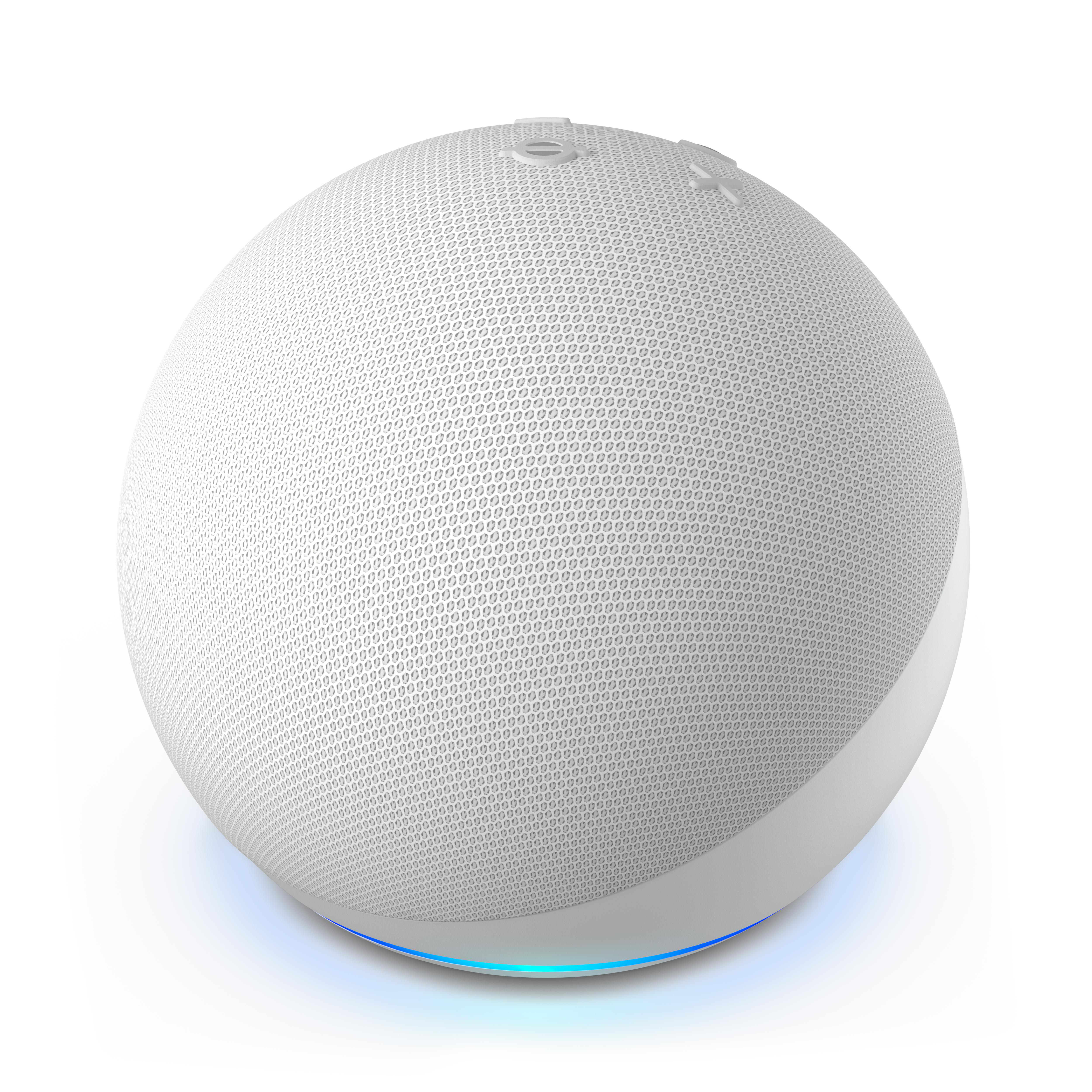 Weißer, kugelförmiger Smart Speaker mit blauem Lichtring an der Basis, auf weißem Hintergrund.