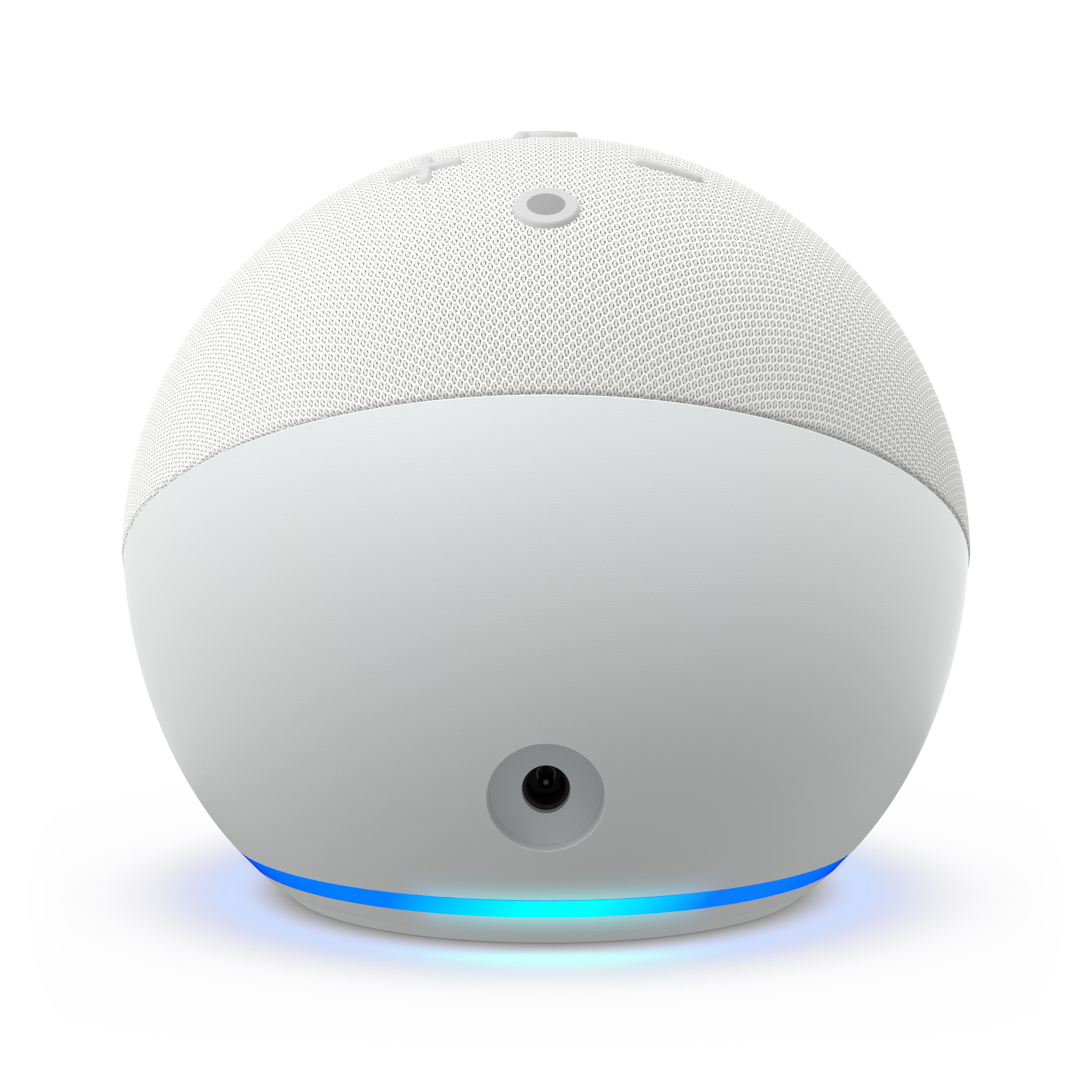 Ein weißer, kugelförmiger Smart Speaker mit blauem Lichtring am Boden.
