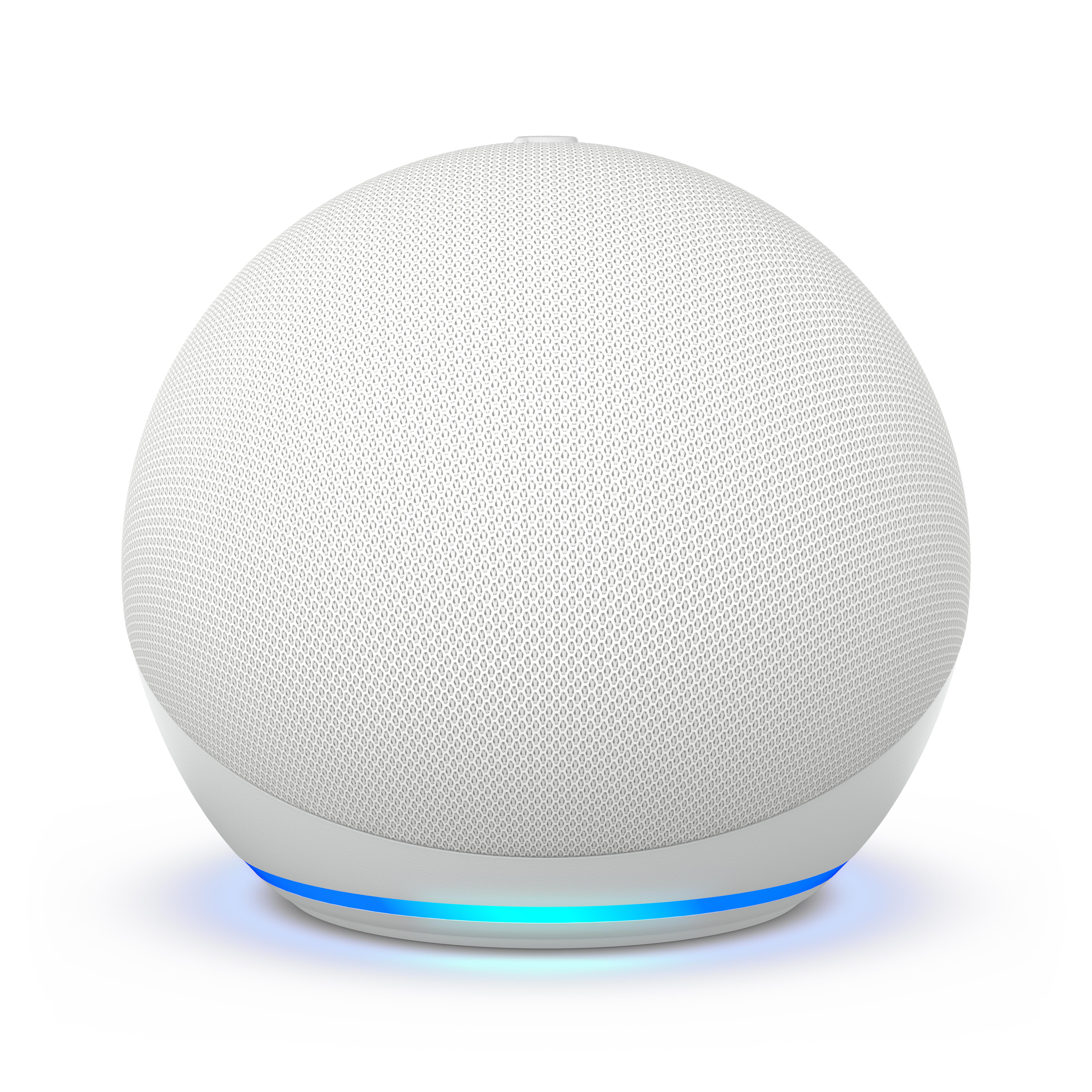 Weißer Smart Speaker mit blauem Licht am Sockel.