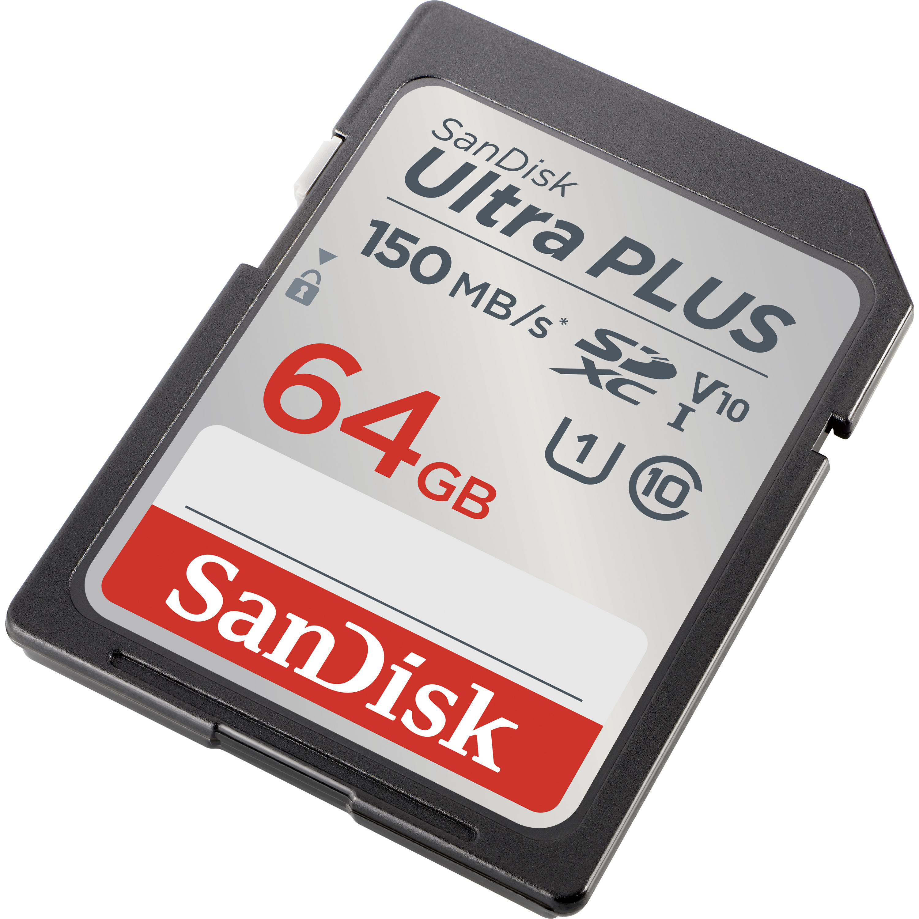 SanDisk Ultra PLUS 64GB SD-Karte, mit Text: Ultra PLUS, 150 MB/s und dem SanDisk-Logo.