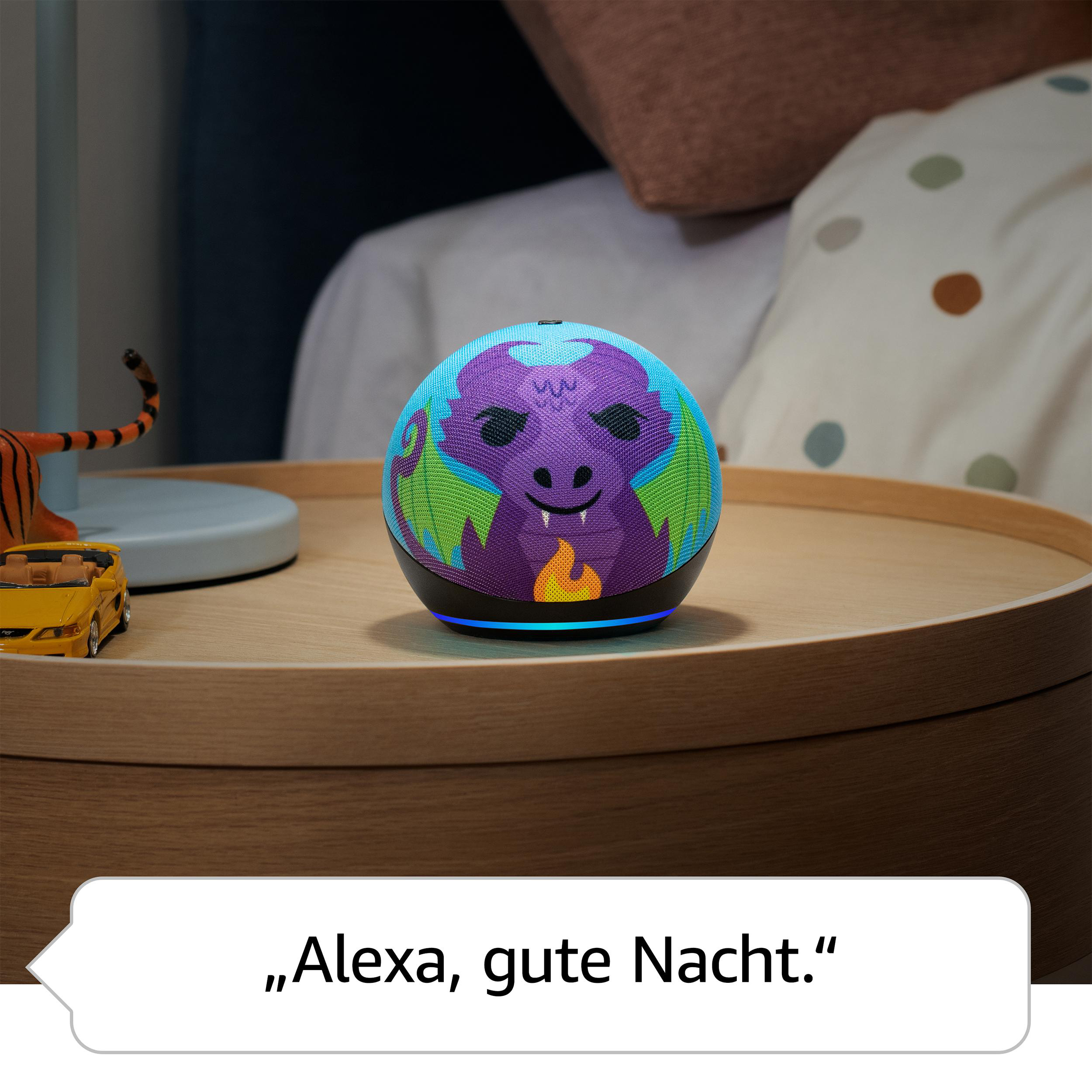 Smart Speaker im Drachendesign auf Nachttisch, gelbes Spielzeugauto.