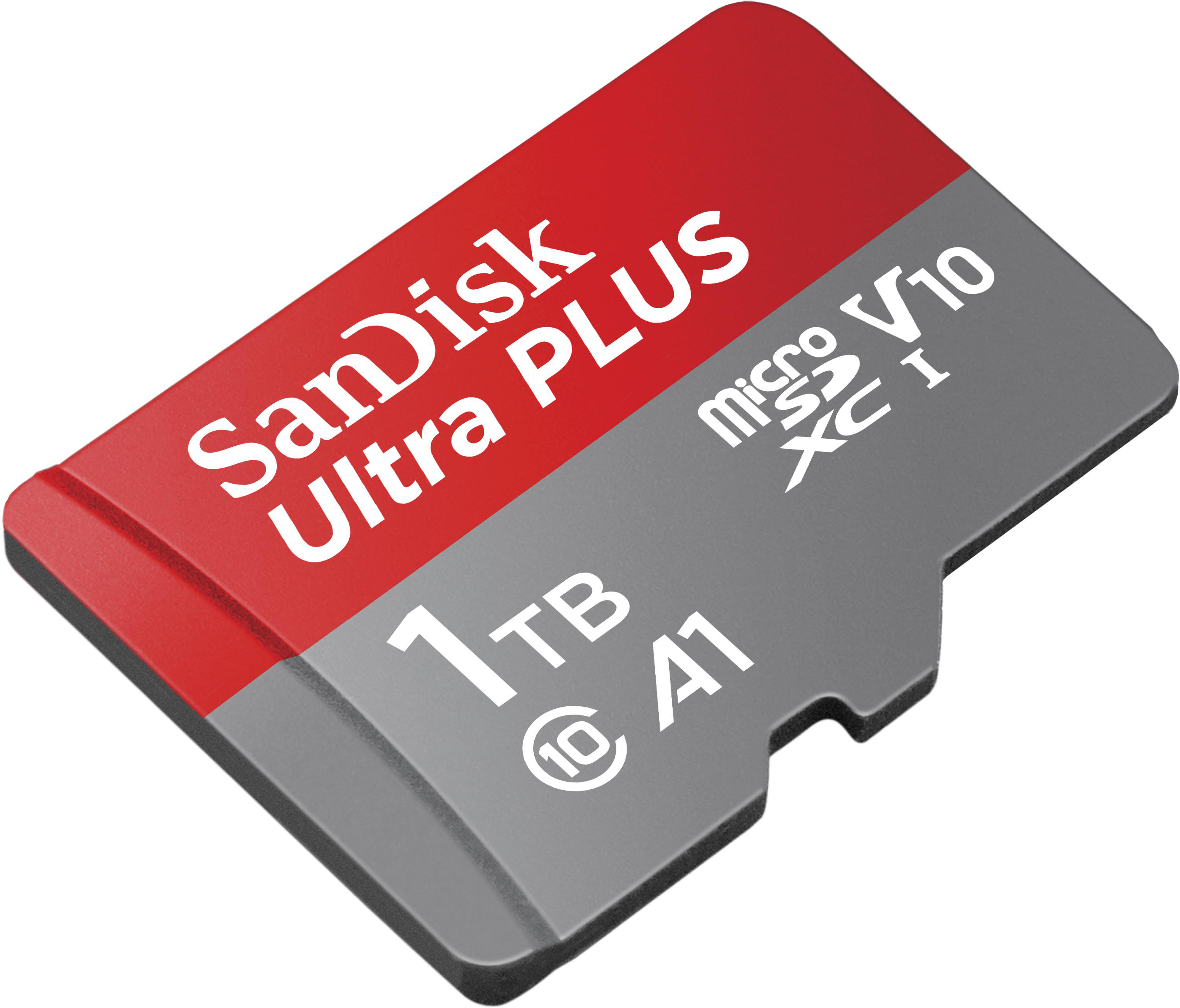 Rote und graue SD-Karte mit Text. Steht Sandisk Ultra Plus und 1 TB. Weißer Hintergrund.