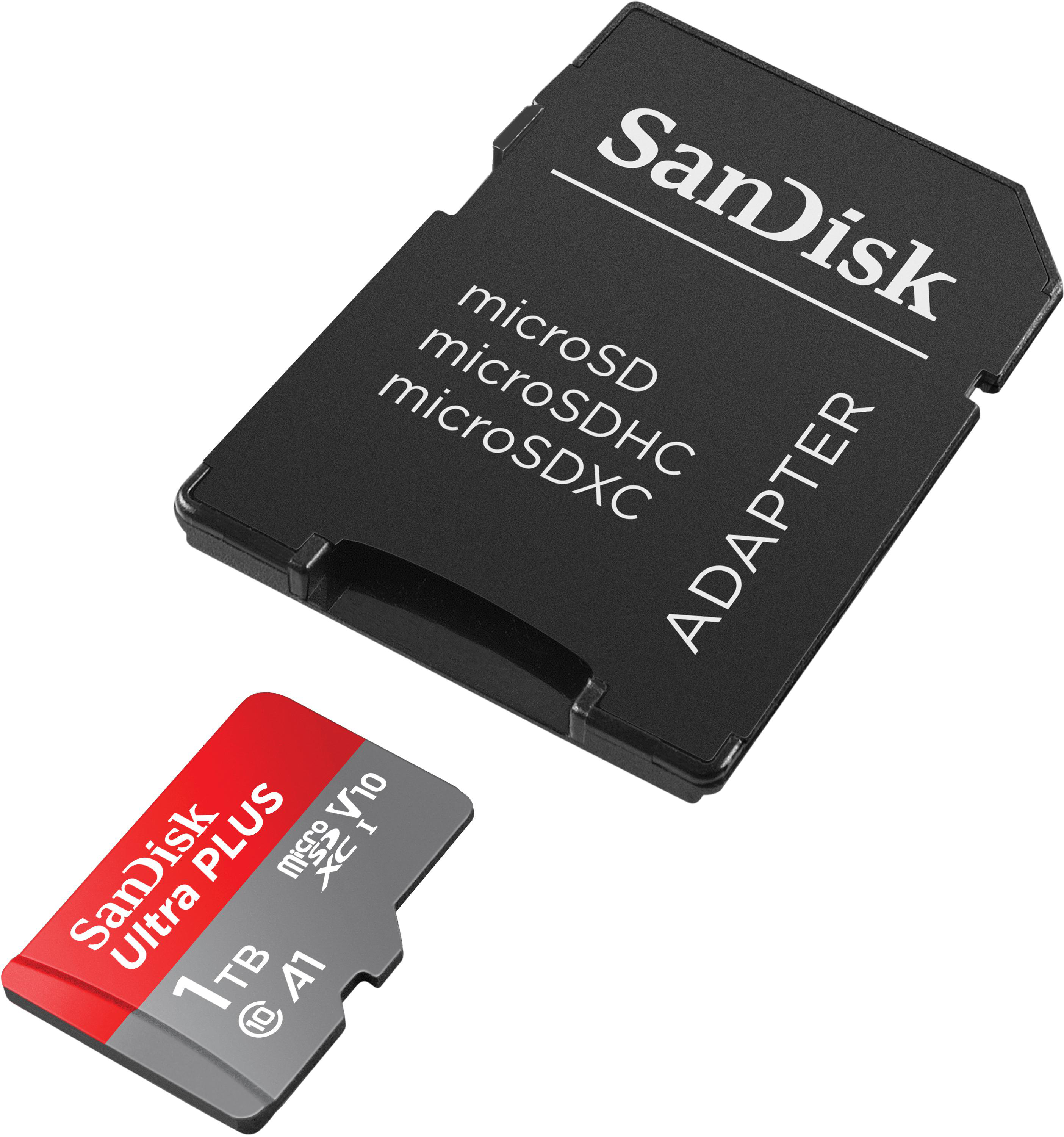 Ein schwarzer SanDisk-Adapter mit einer Micro-SD-Karte und einer roten SanDisk Ultra PLUS Micro-SD-Karte.