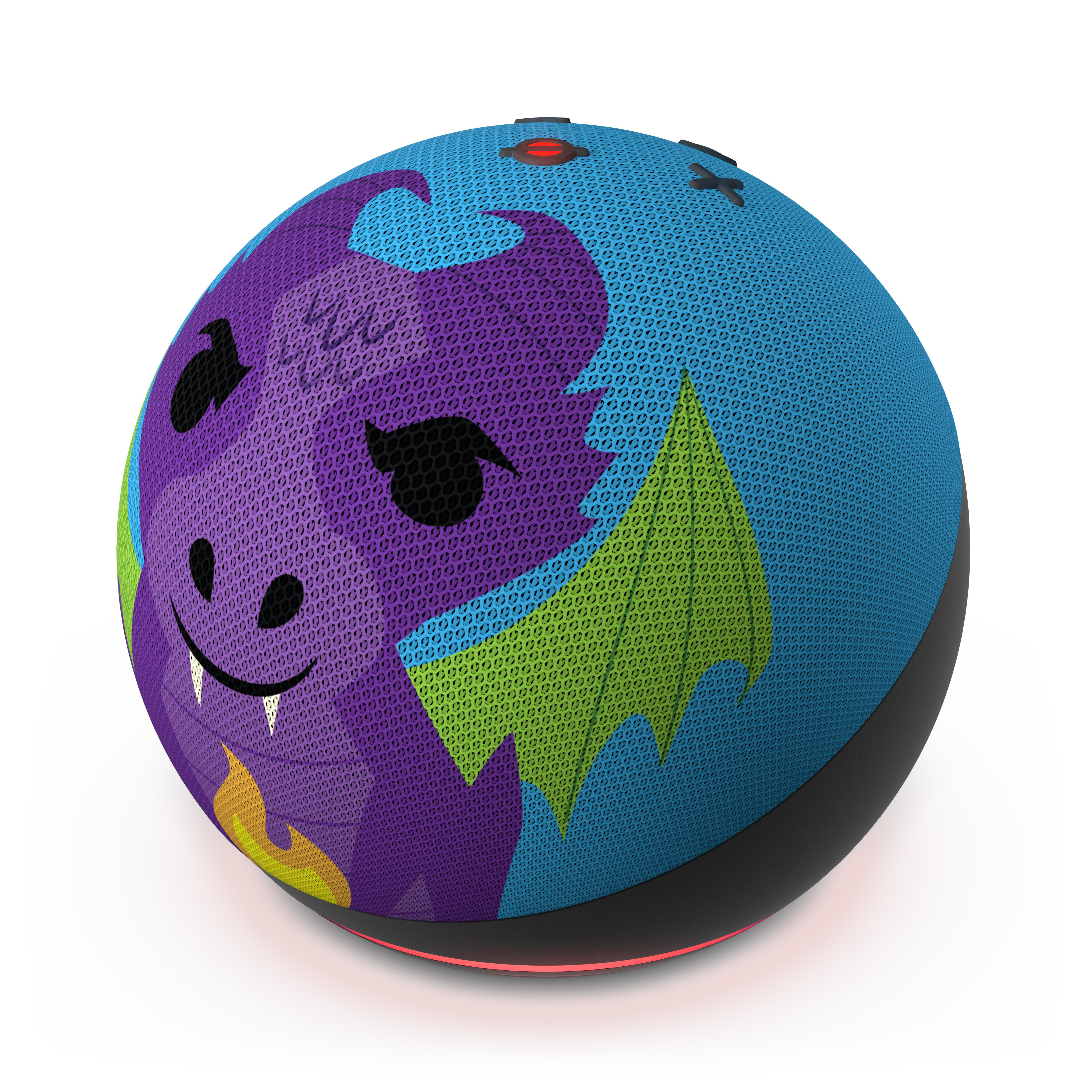 Ein runder Smart-Lautsprecher mit Drachendesign. Blauer Hintergrund, rotes Licht.