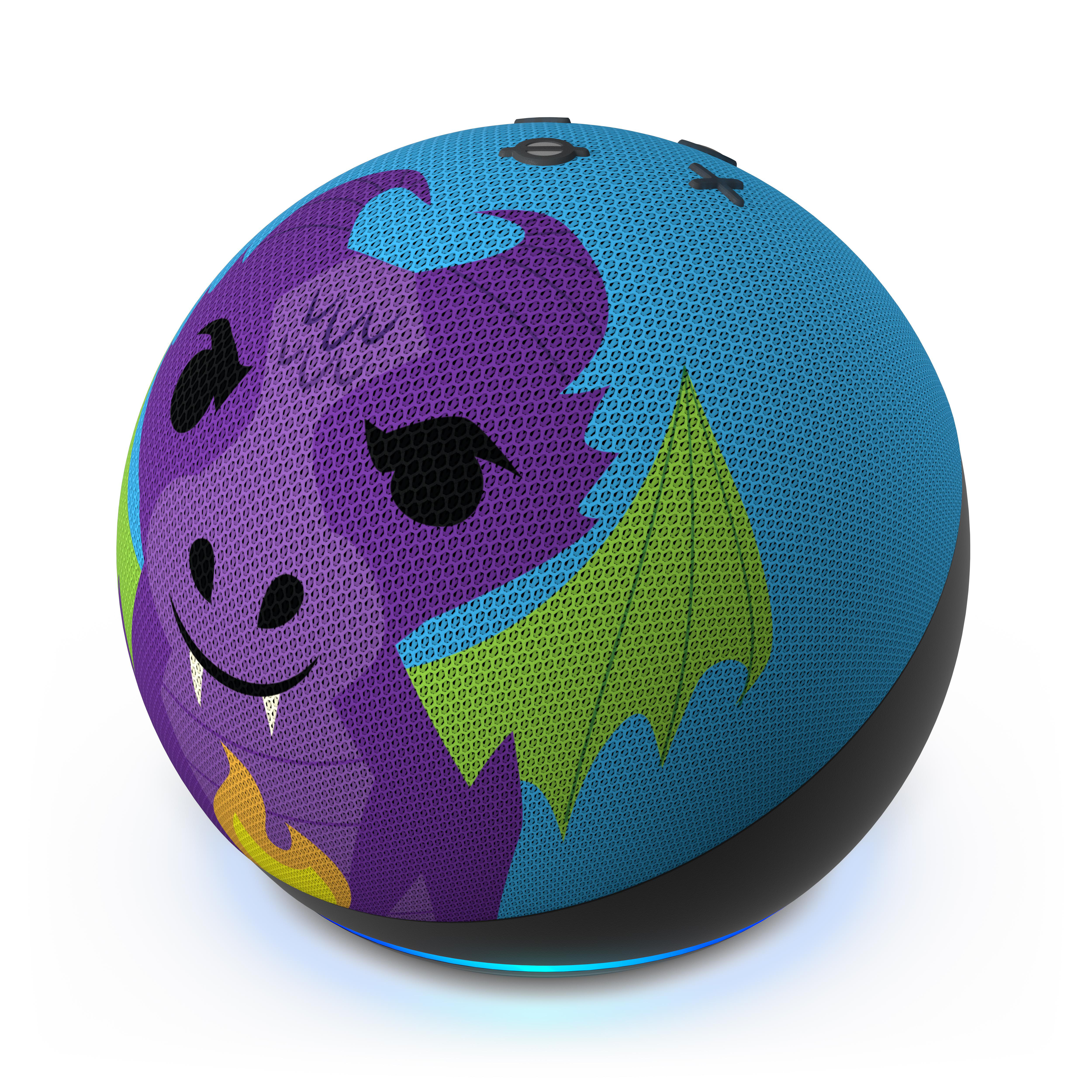 Ein blau-violetter Smart-Lautsprecher im Drachen-Design mit einer Drachenillustration auf der Oberfläche.
