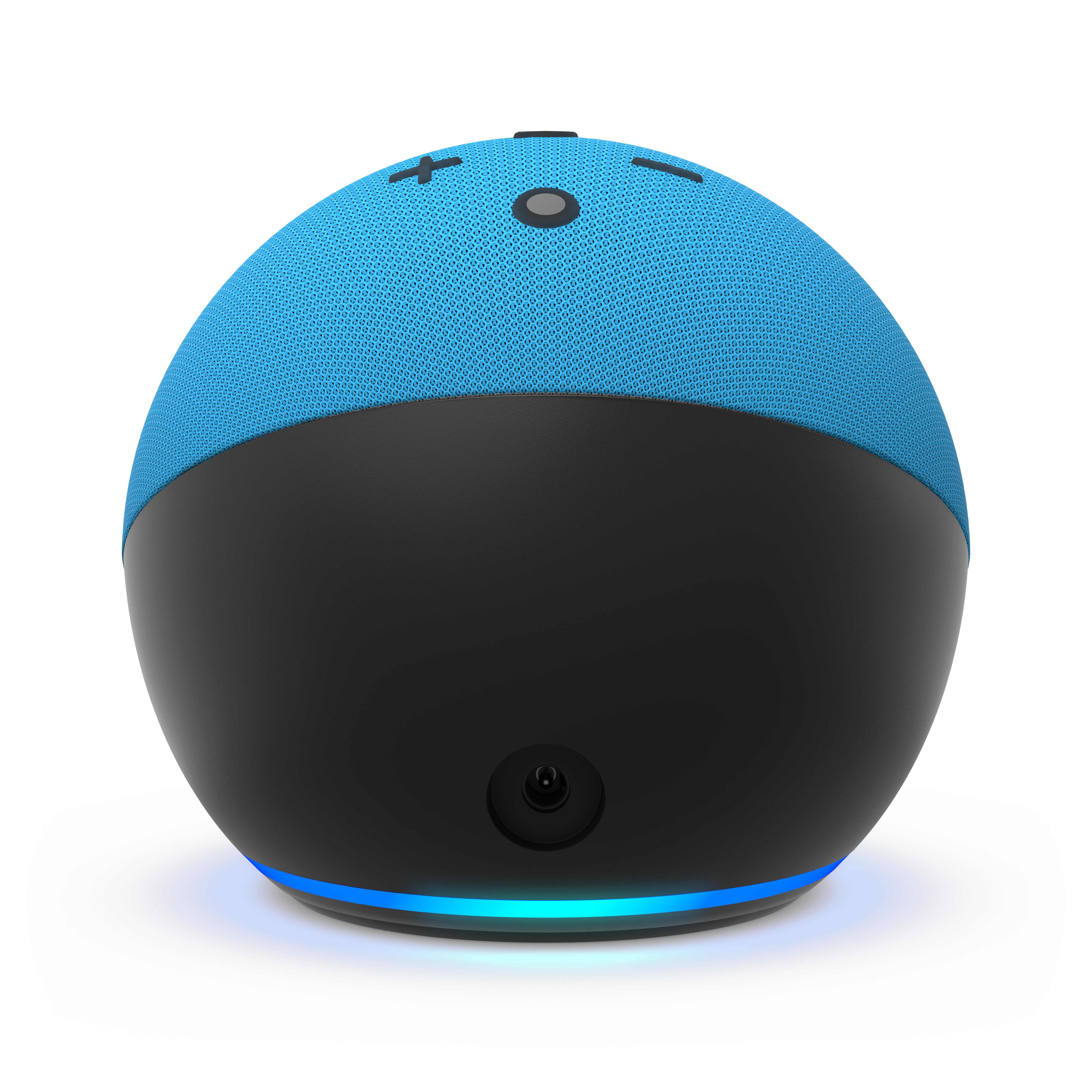 Blau-schwarzer kugelförmiger Smart Speaker mit Lautstärkereglern.
