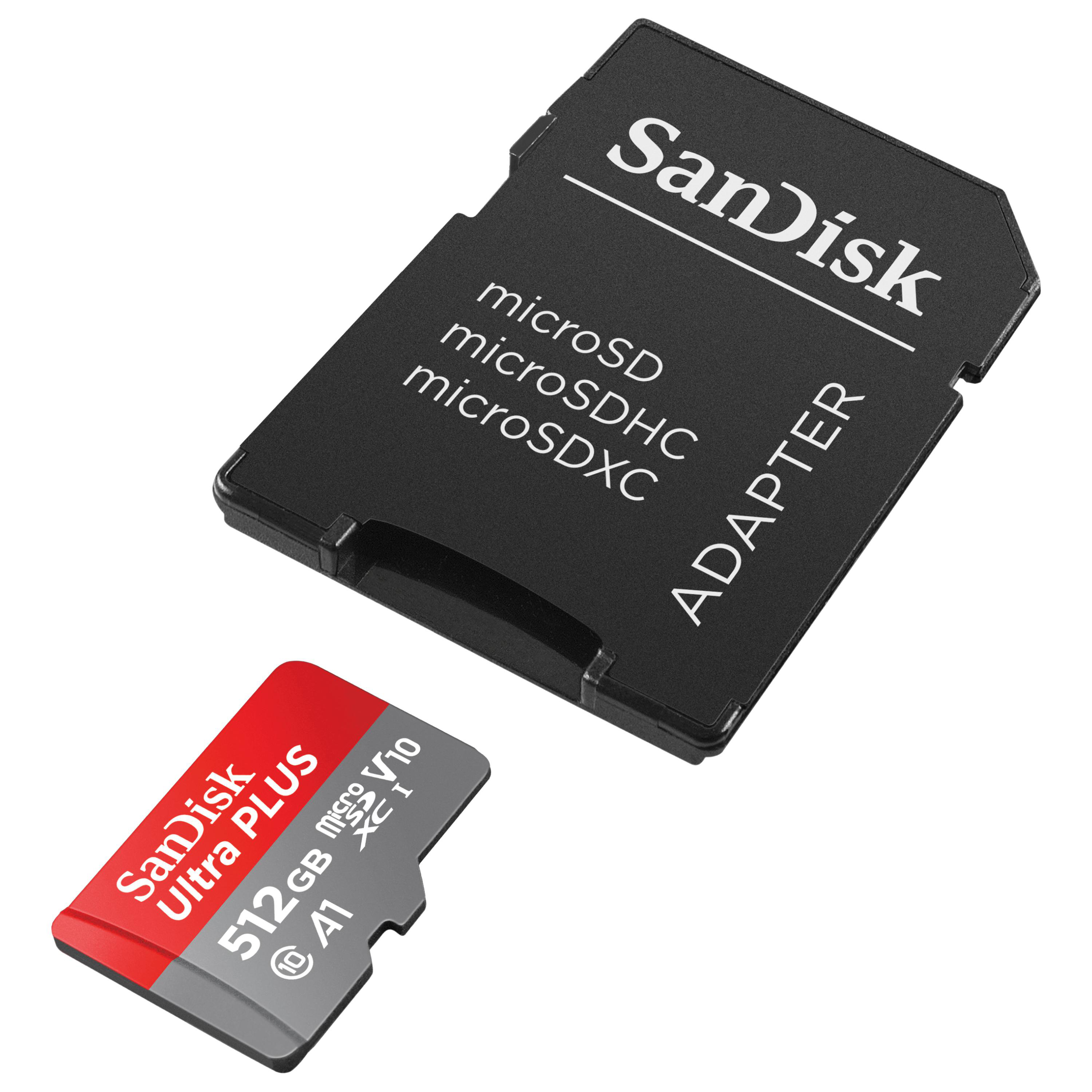 SanDisk microSD-Karte und Adapter. Rotes und schwarzes Farbschema.