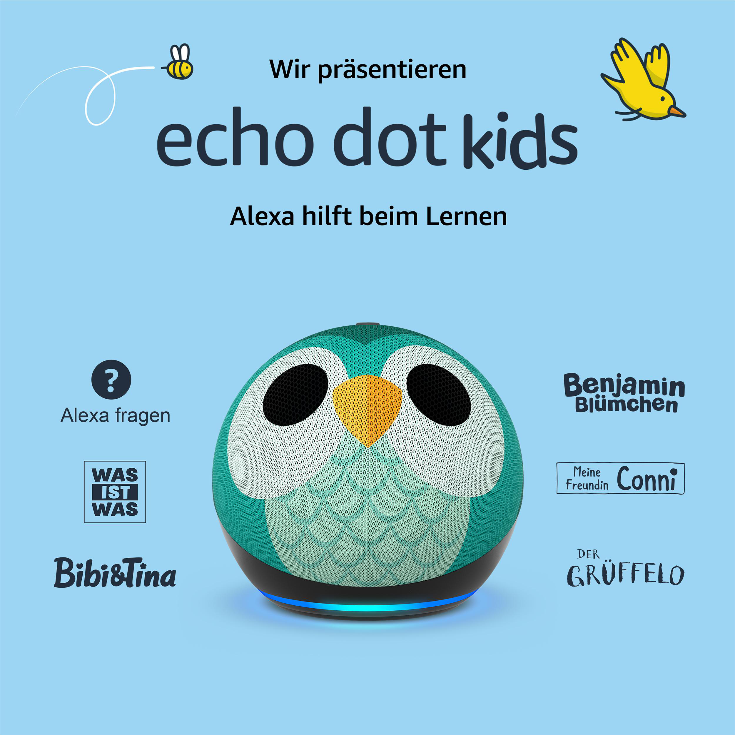 Ein eulenartiger Smart Speaker mit deutschem Text, der Echo Dot Kids bewirbt.