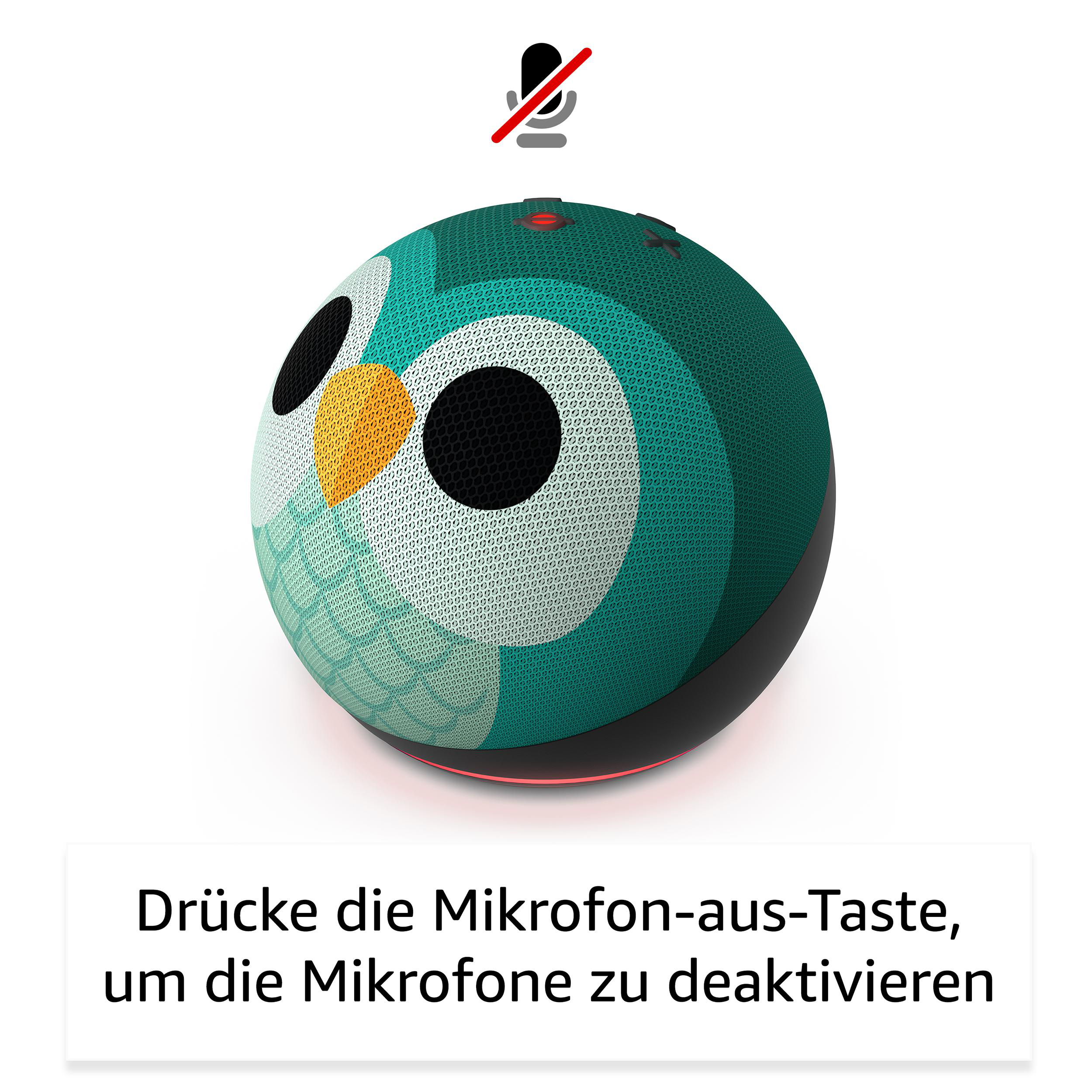 Ein teal-farbener, eulenformiger Smart-Lautsprecher mit schwarzem Sockel. Oben ist ein Mikrofon-Stummschaltungs-Symbol.
