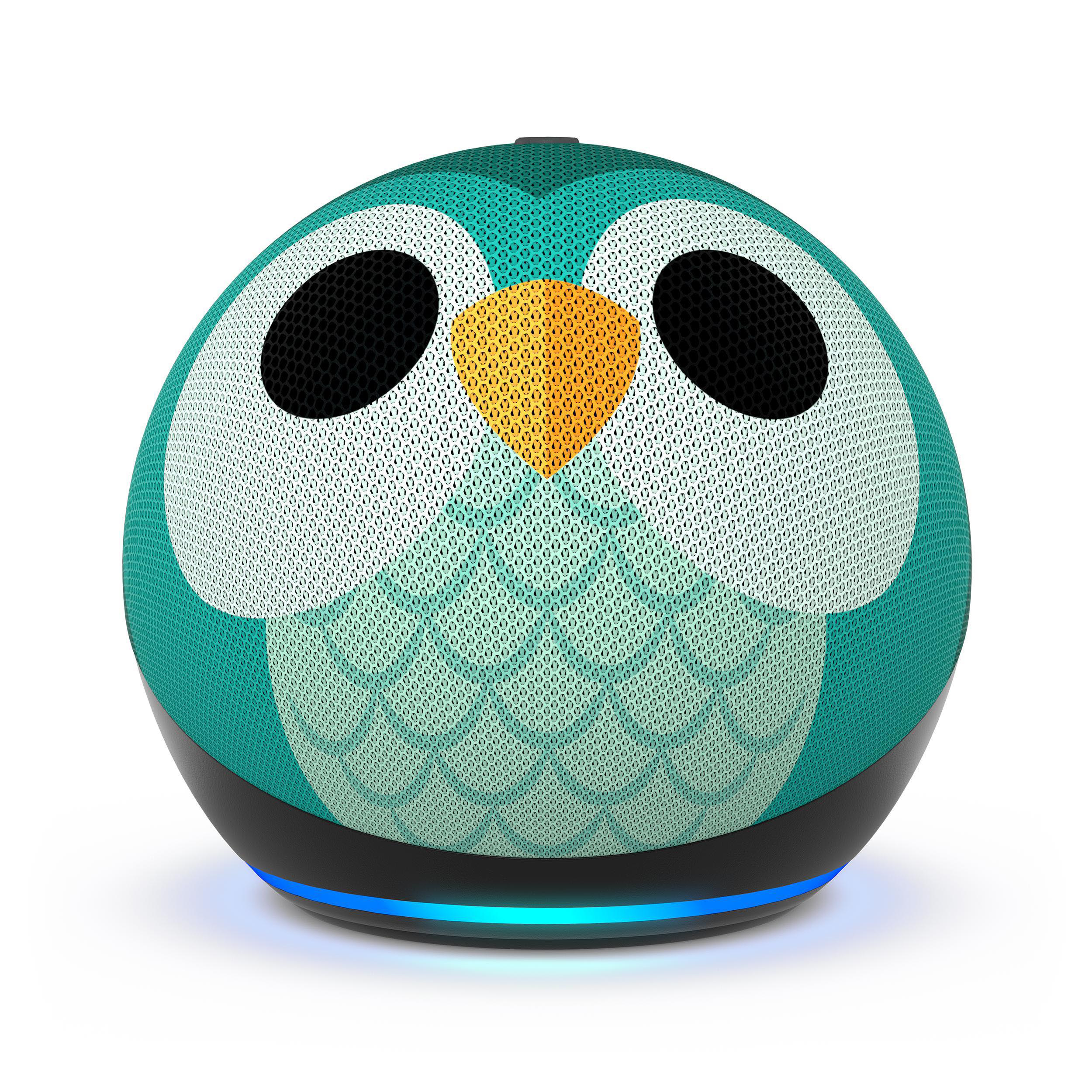 Ein eulenformiger Smart Speaker in Teal mit schwarzen Lautsprecherlöchern und blauem Sockel.