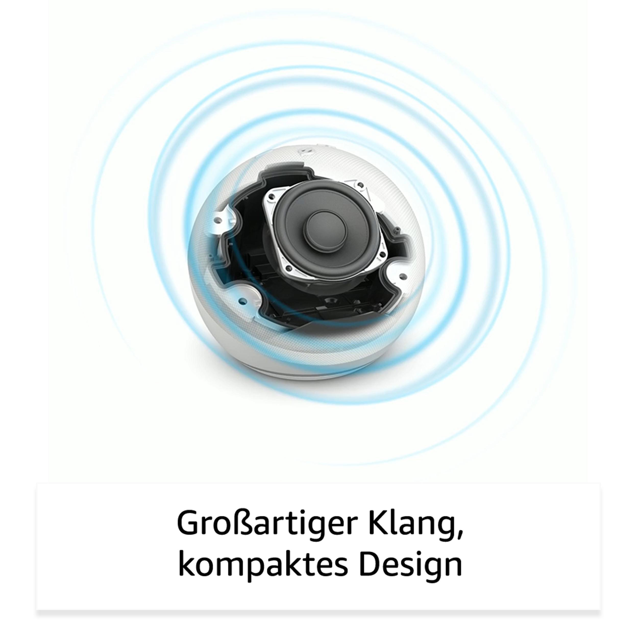 Ein weißer Smart-Lautsprecher mit Innenlautsprecher. Text: Großartiger Klang, kompaktes Design.