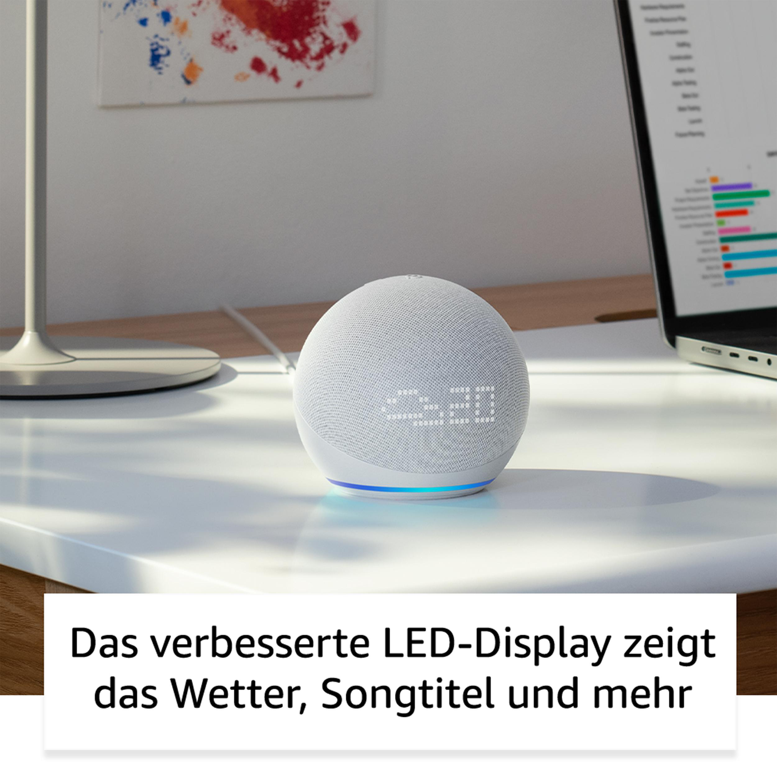 Ein weißer Smart Speaker mit einer Zeitanzeige. Text sagt: LED-Anzeige zeigt das Wetter.