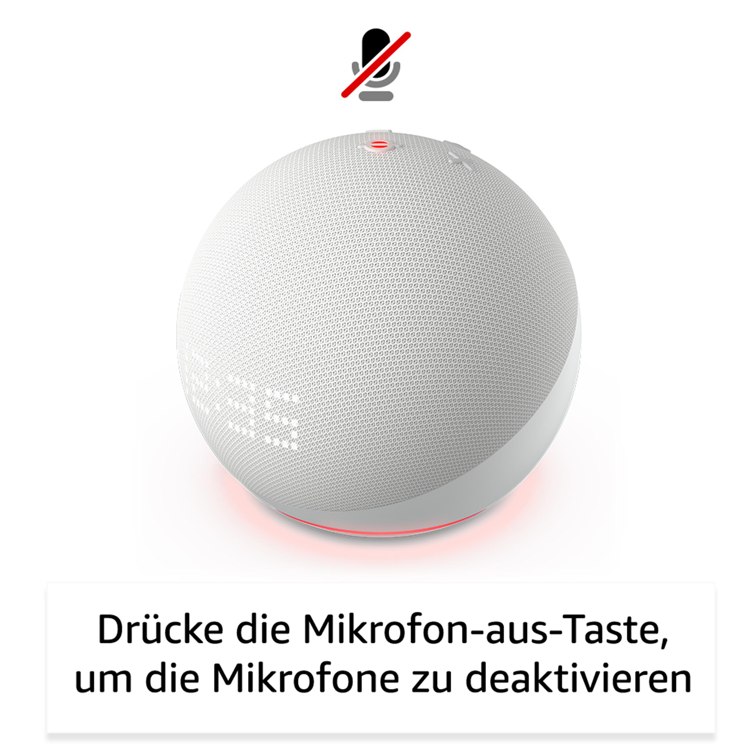 Ein weißer Smart Speaker mit einem Mikrofon-Symbol und einem Text zur Deaktivierung des Mikrofons.