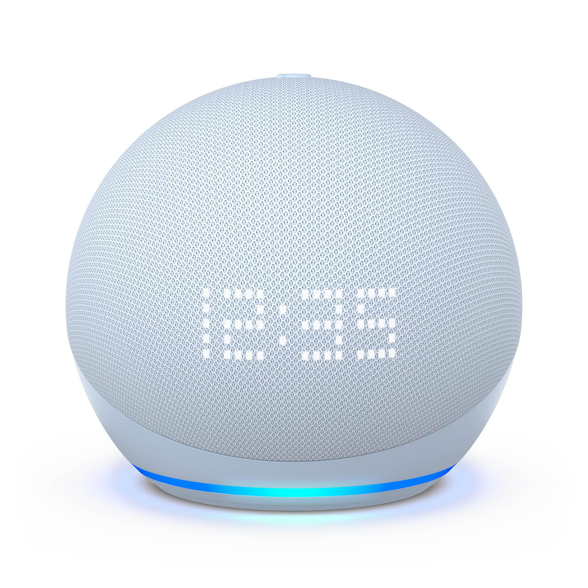 Weißer Smart Speaker mit digitaler Zeitanzeige und blauem Licht am Sockel.