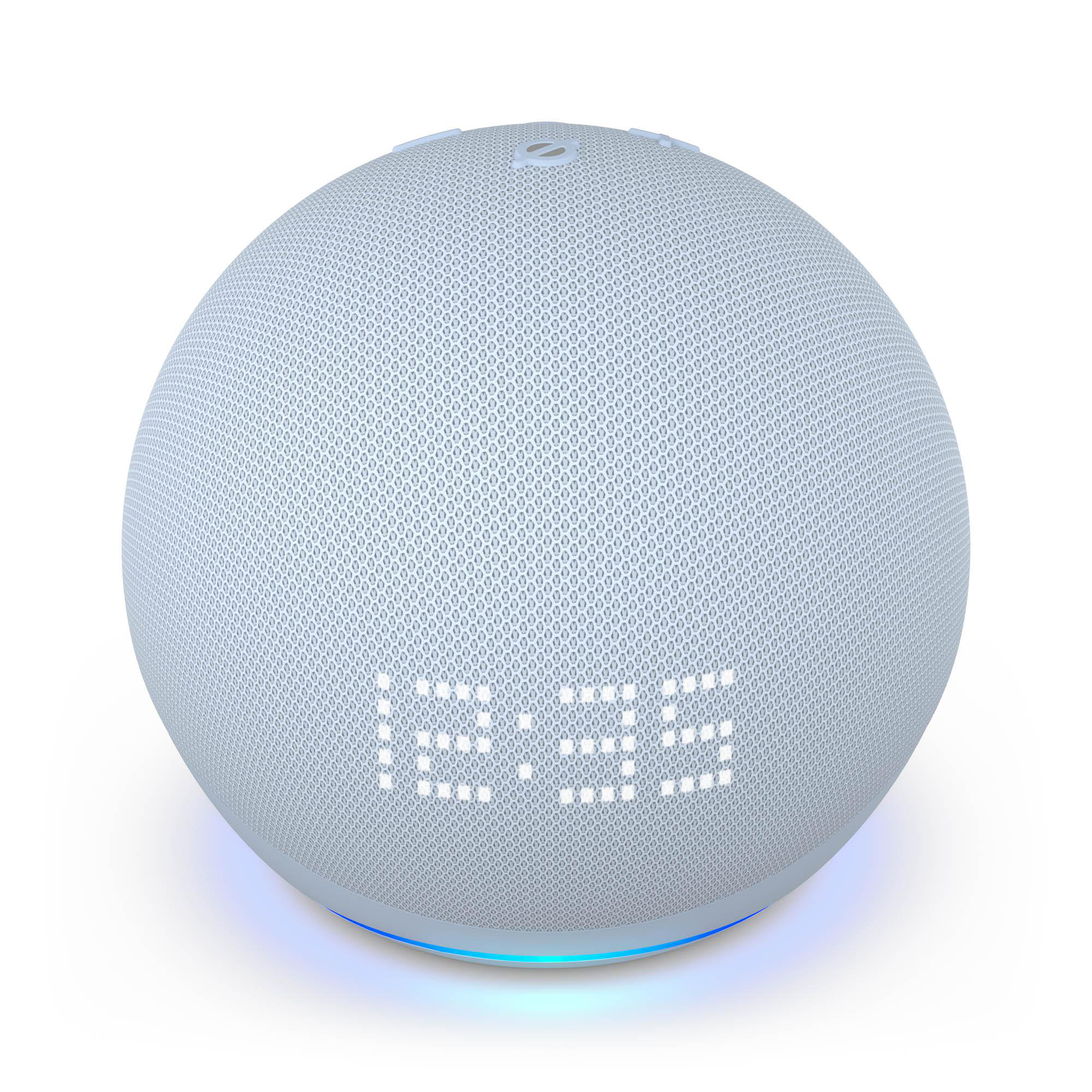 Ein hellblauer Smart Speaker, der die Uhrzeit auf dem Display anzeigt.