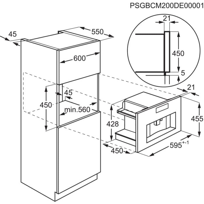 Beépített sütő diagramja, méretekkel milliméterben. Fehér, fekete körvonallal.