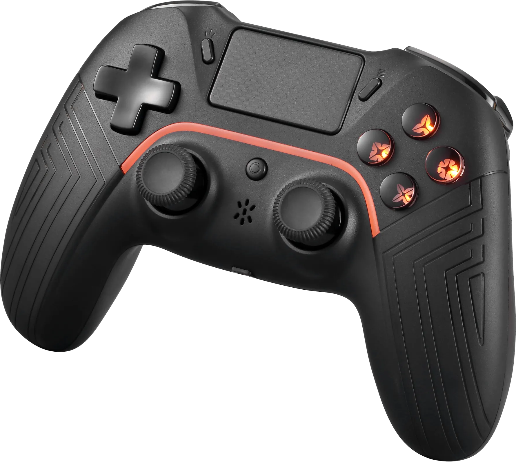 Controller nero con pulsanti e joystick. Luci arancioni.