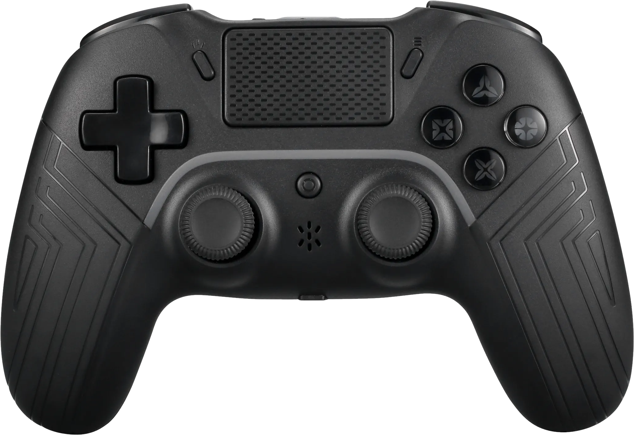 Controller di gioco nero con pulsanti, joystick e un D-pad.
