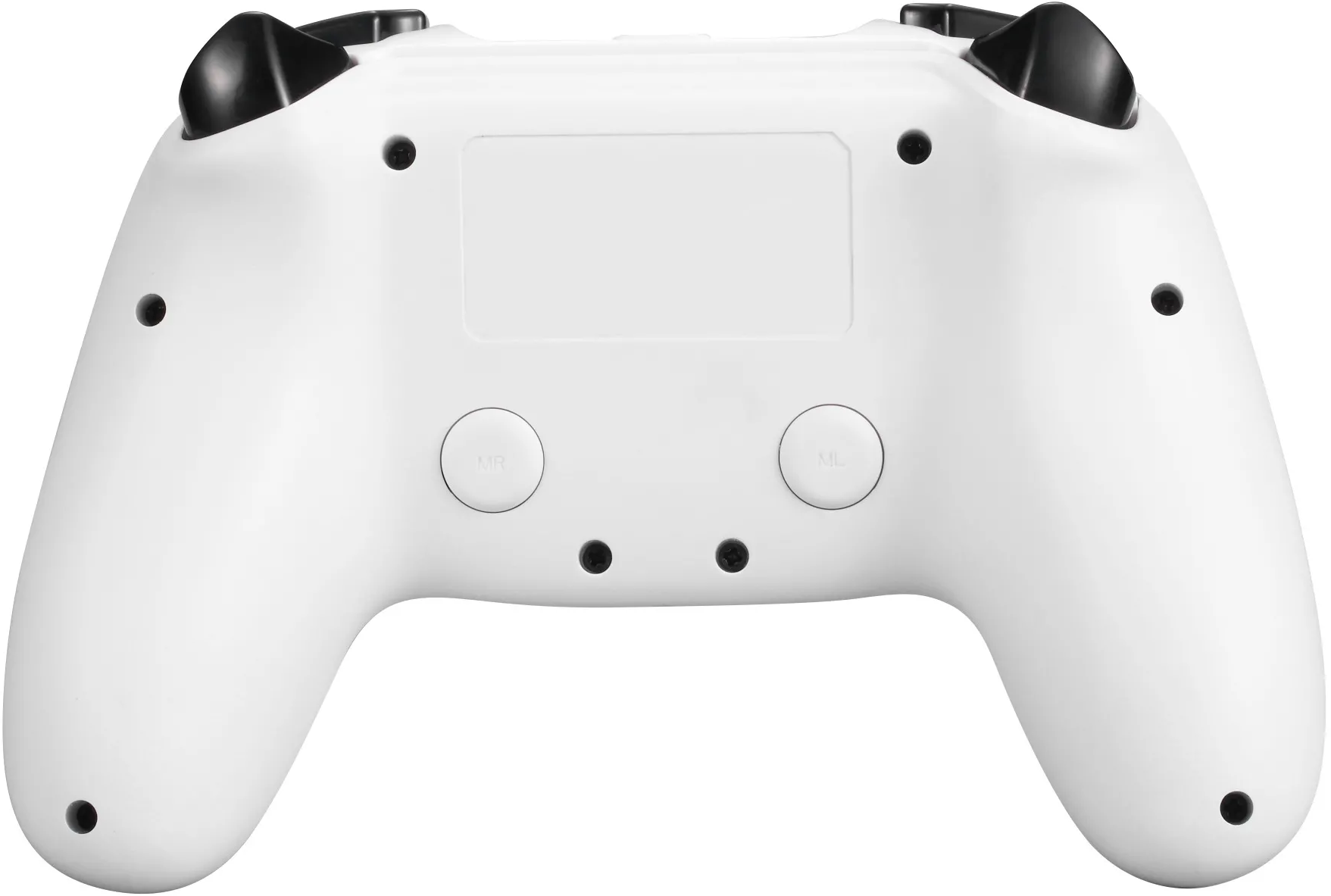 Weißer Gamecontroller, Rückansicht. Zwei schwarze Griffe und Knöpfe für MR und ML.