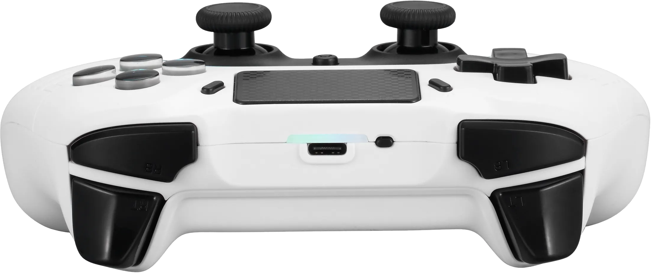 Die Rückseite eines weißen Game-Controllers, die die Tasten zeigt. Der Controller hat einen Ladeanschluss.