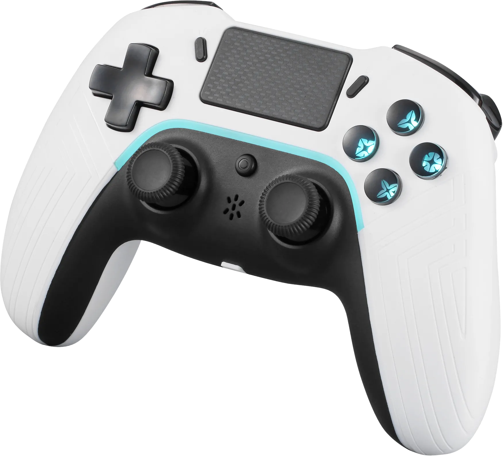 Ein weißer Controller mit schwarzen Akzenten und blauen Knöpfen.