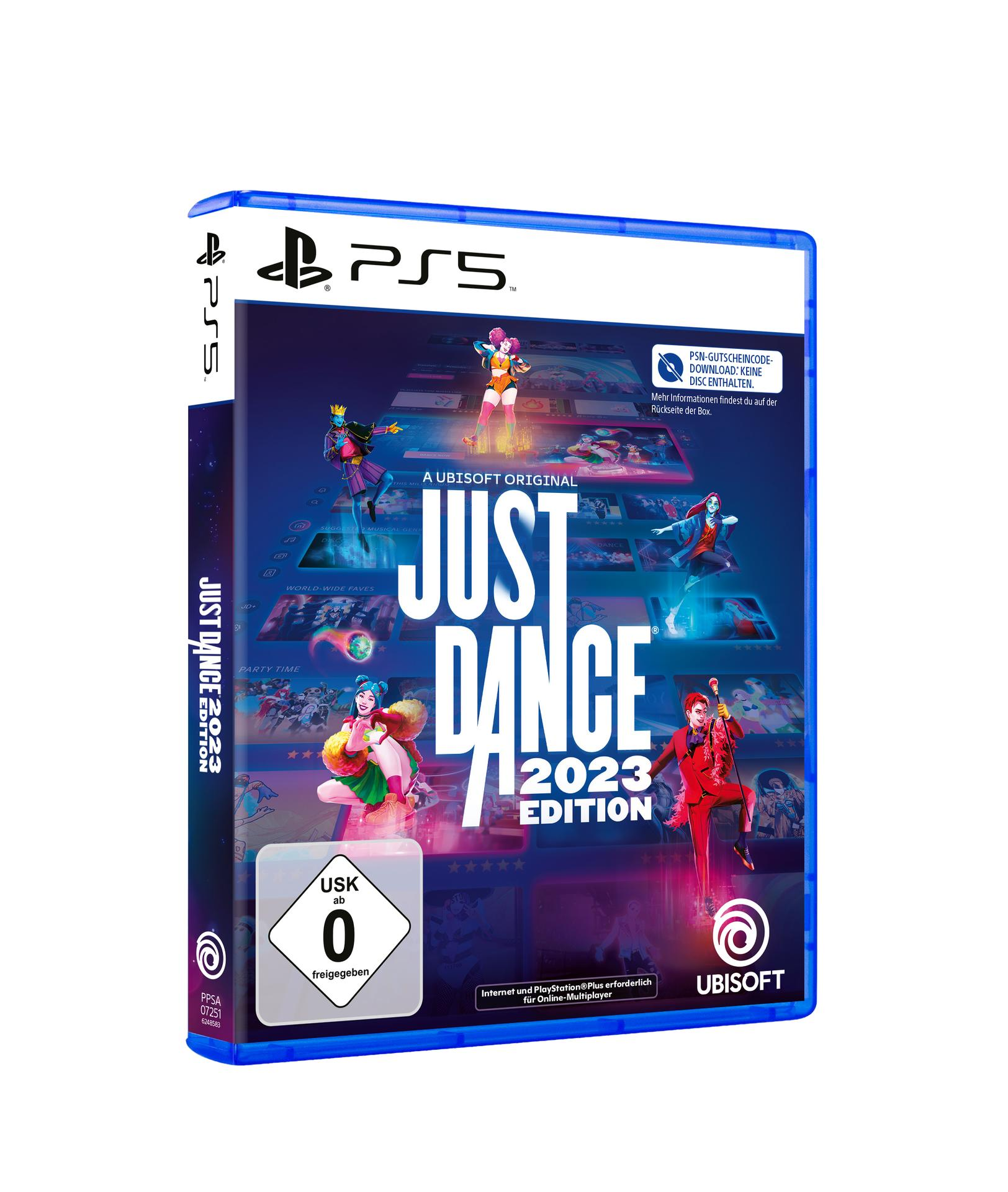 Das PS5-Spiel 'Just Dance 2023 Edition' wird gezeigt. Das Cover zeigt tanzende Menschen und den Spieletitel.