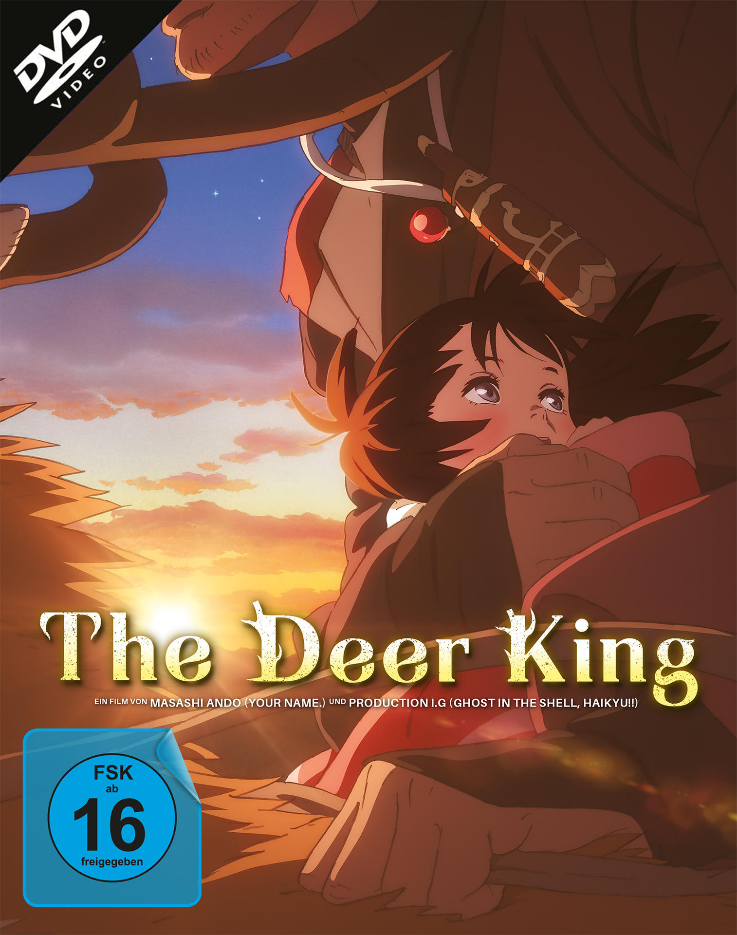 Anime-Filmcover. Ein Mädchen wird von einer großen Figur gehalten. Titel: The Deer King. Hintergrund: Sonnenuntergang.