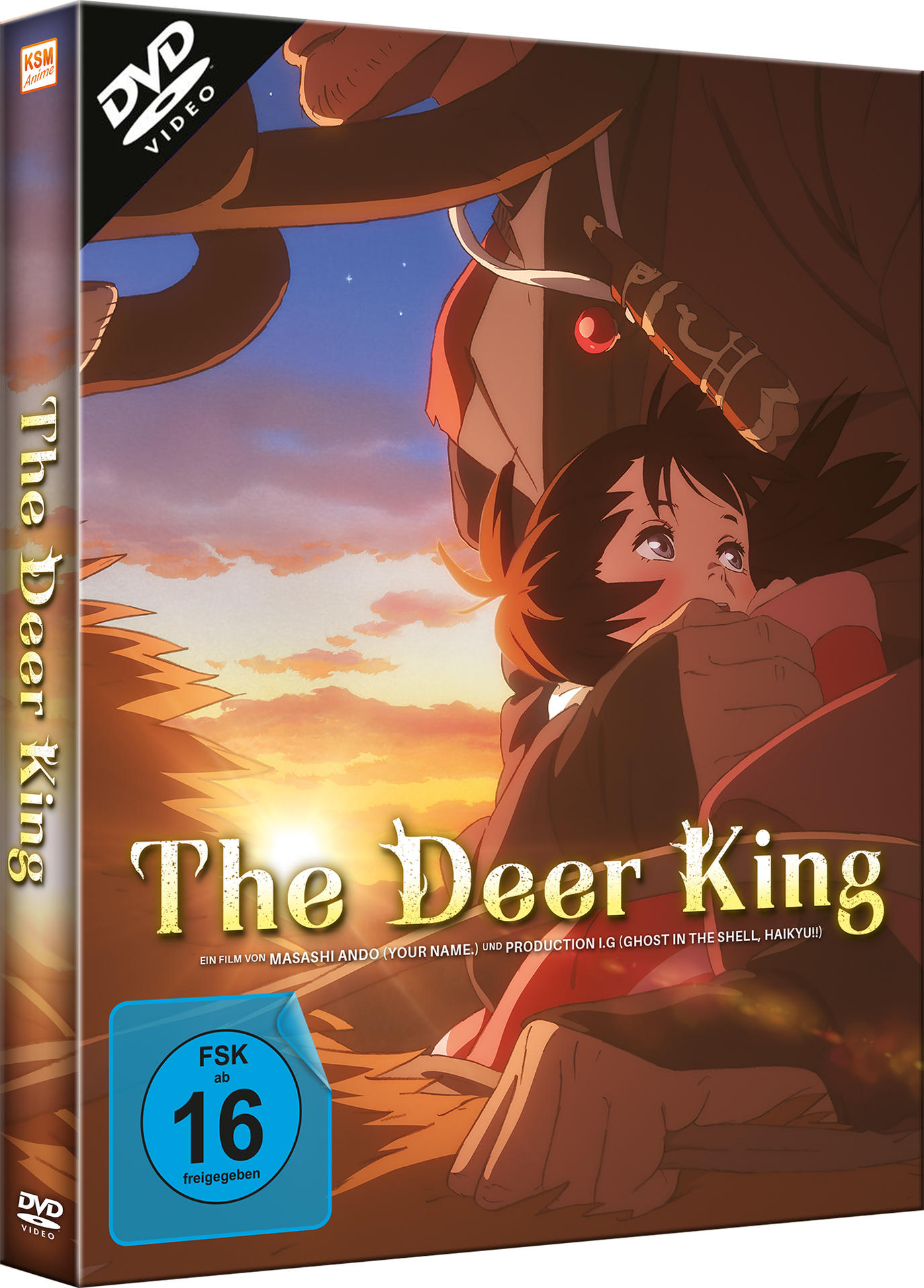 DVD-Hülle des Anime-Films 'The Deer King' mit japanischem Text und einer Waldszene-Illustration.