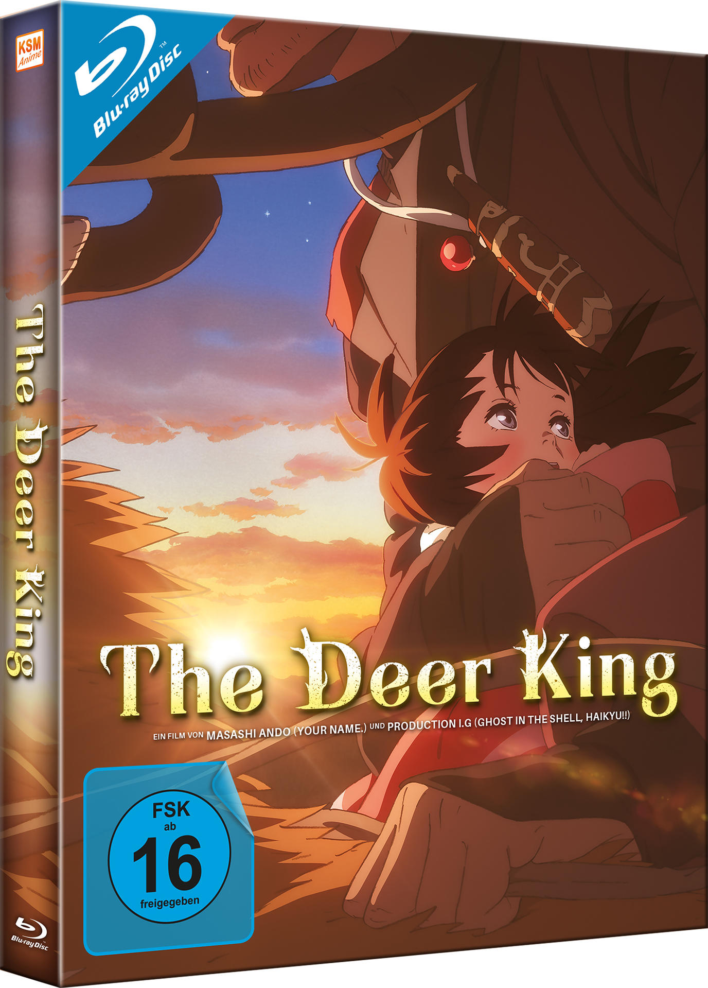 Anime-DVD-Hülle von 'The Deer King' mit Charakteren, Titel und blauem FSK 16-Rating.