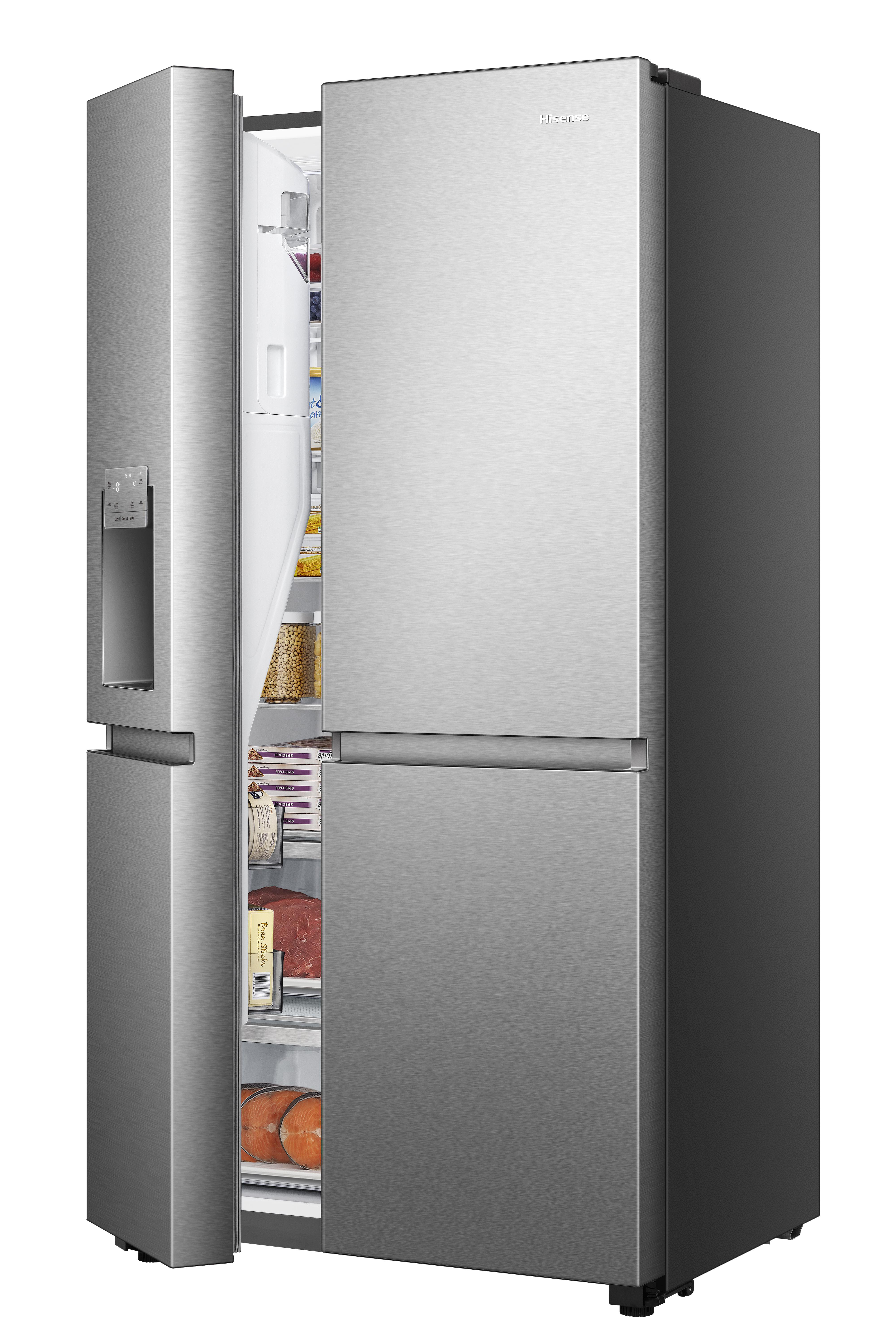 Edelstahlkühlschrank mit geöffneten Türen, Regale mit Lebensmitteln.