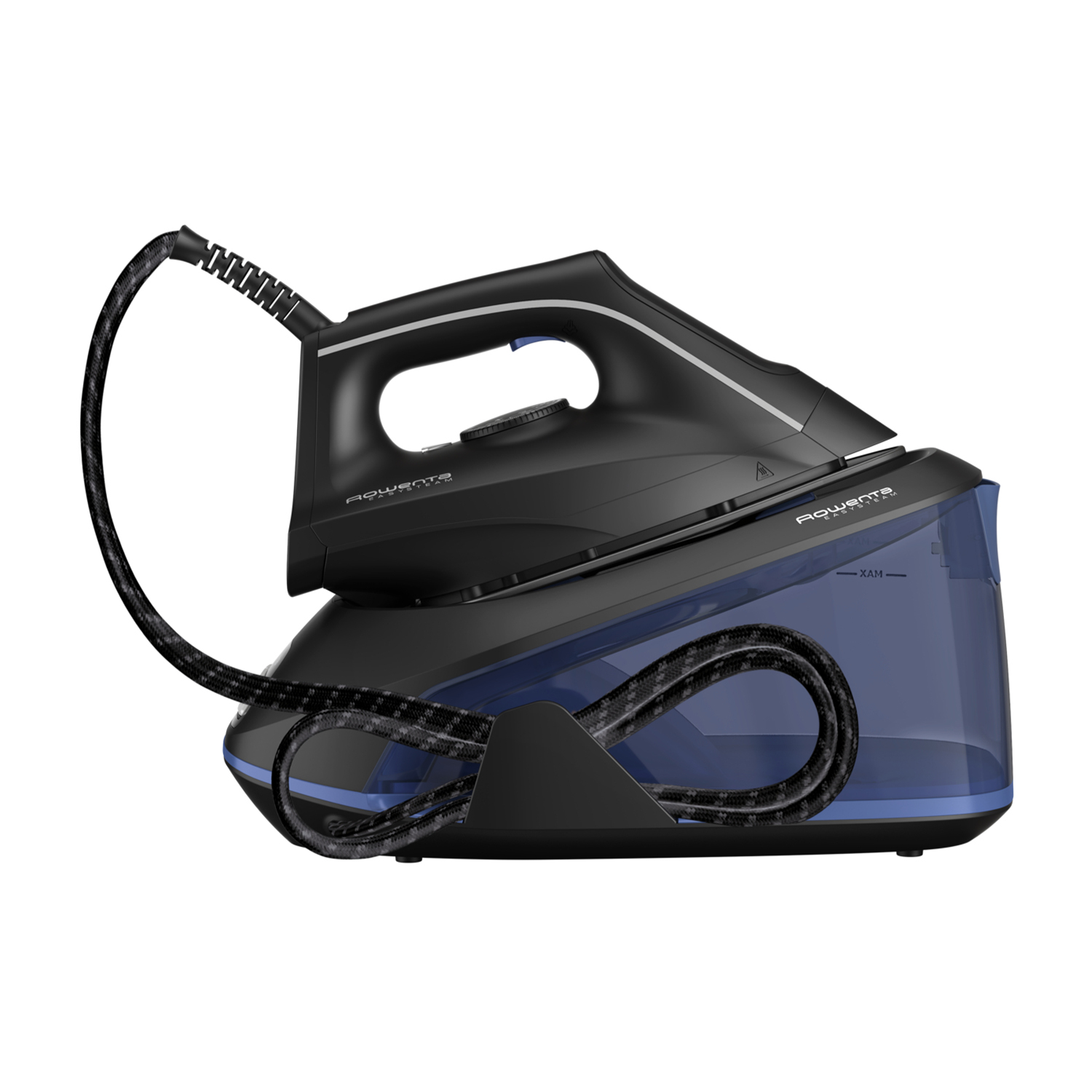 Un ferro da stiro nero con un serbatoio dell'acqua blu. Testo: Rowenta.