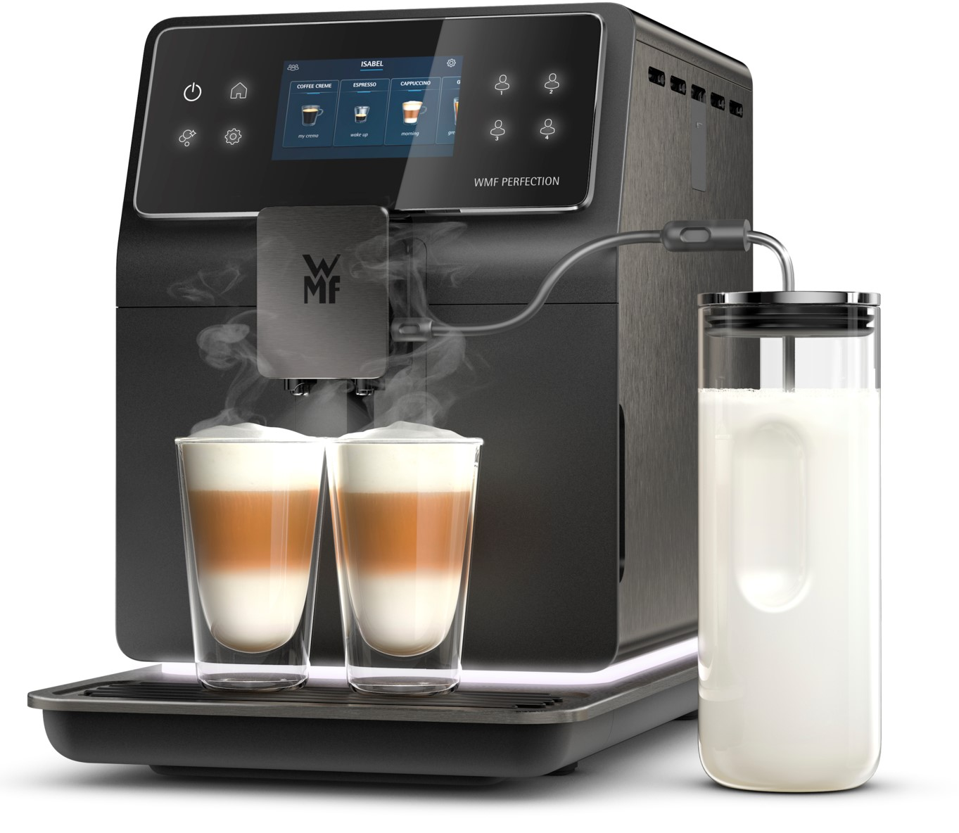 Schwarze Kaffeemaschine mit zwei Gläsern, die mit Kaffee und Milch gefüllt sind, und einem Glaskannenbehälter.