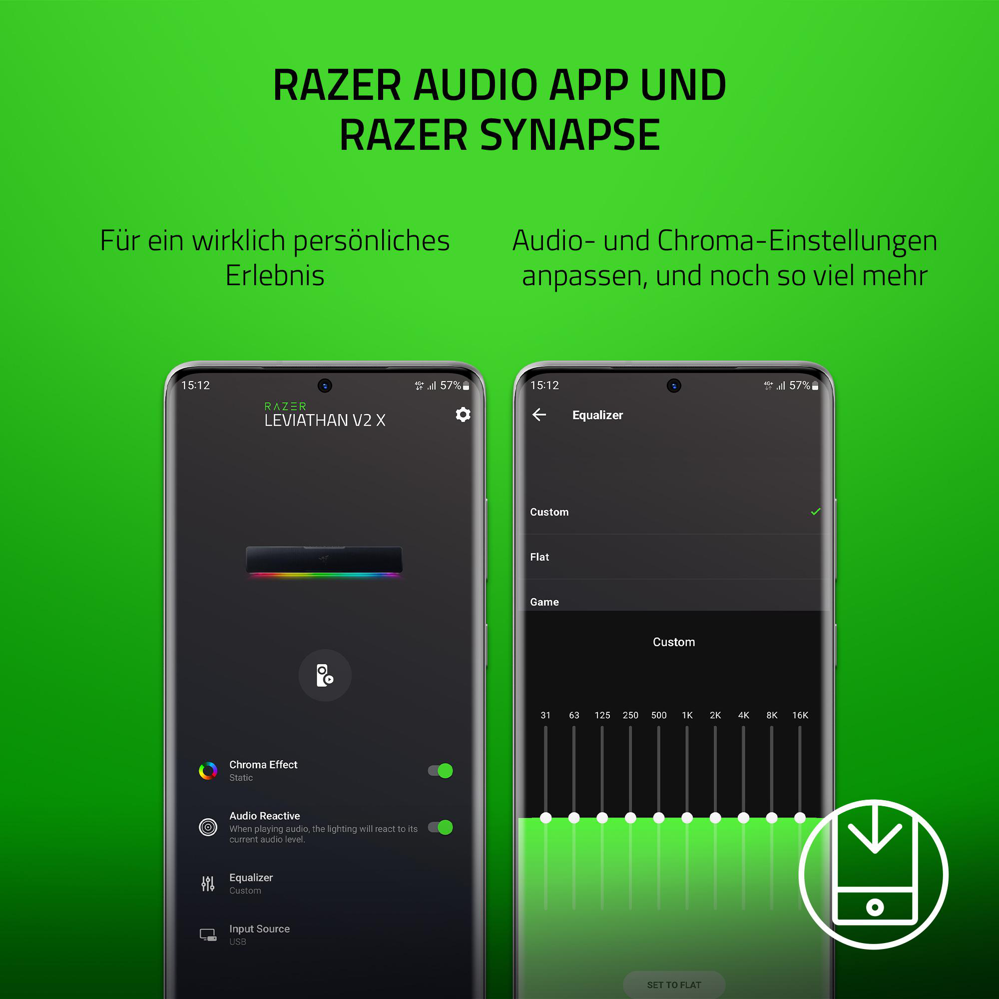 Zwei Telefone zeigen eine Razer Audio-App mit Equalizer-Einstellungen.